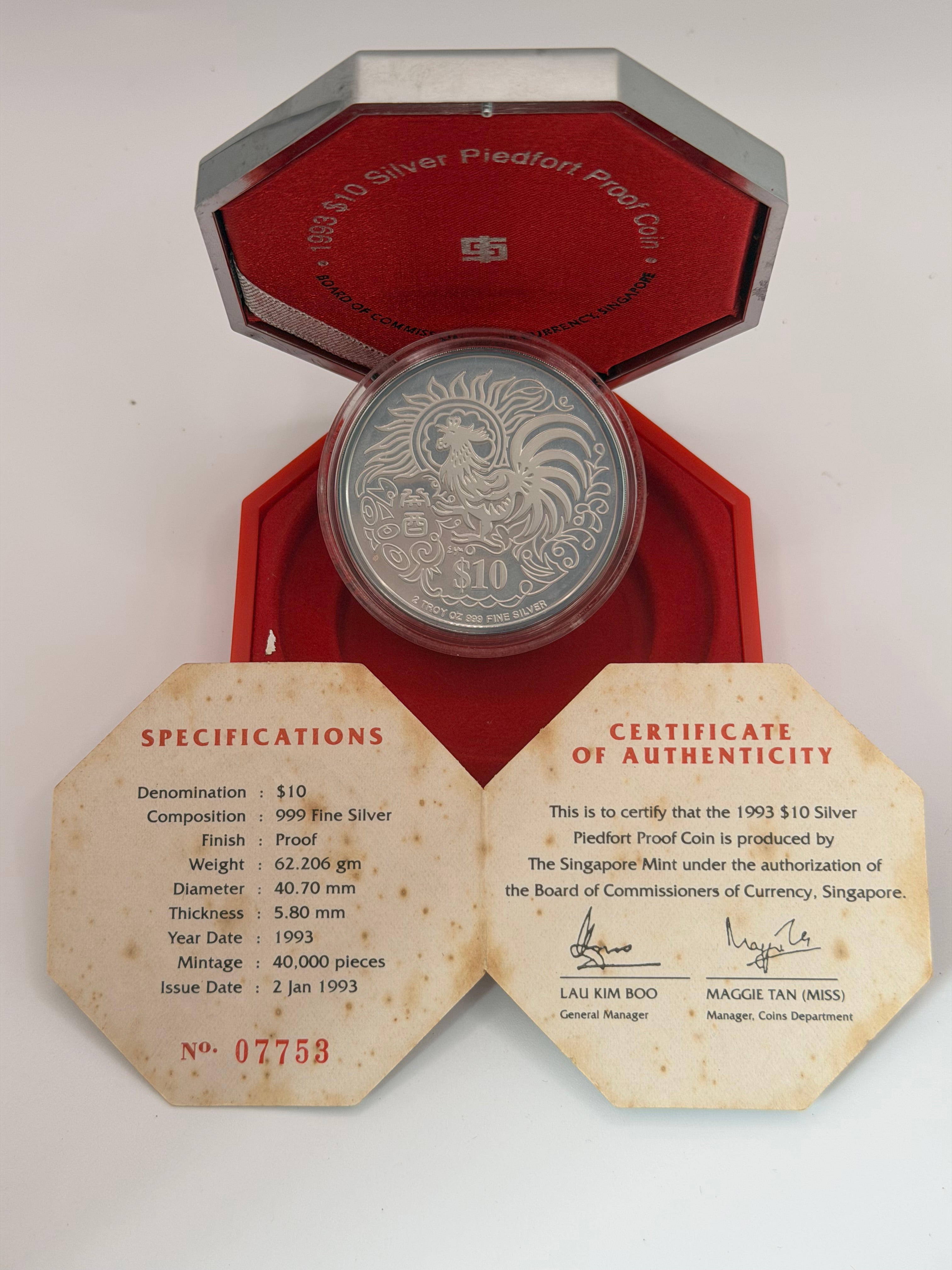 1993 Singapore $10 Silver Piedfort Proof Coin