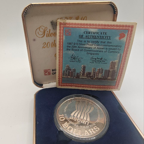 1987 - Singapore $10 Silver Proof Coin 20th Anniversary of Asean