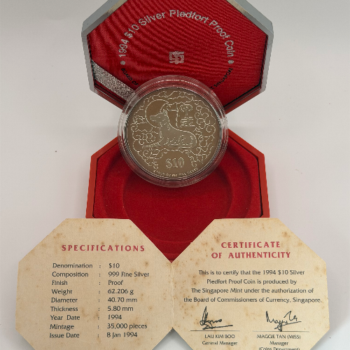 1994 Singapore $10 Silver Piedfort Proof Coin