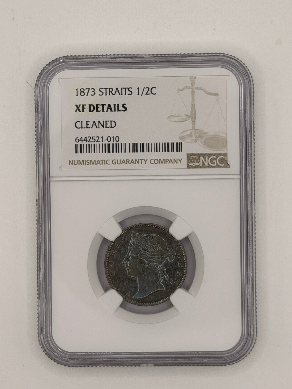 1873 - Straits 1/2C XF Details Cleaned