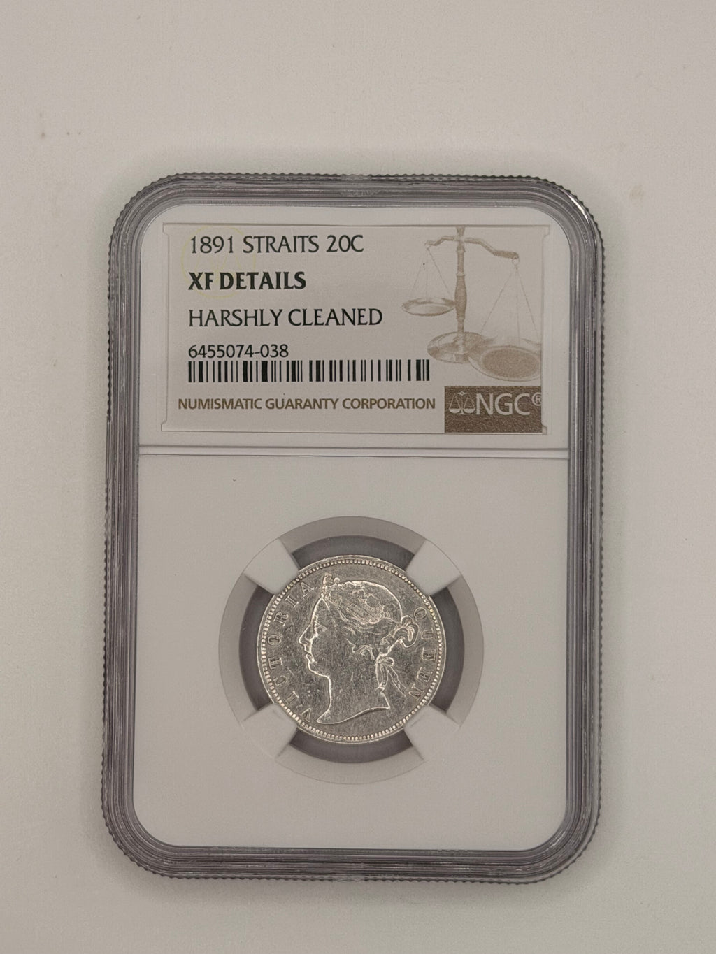 1891 - Straits 20C XF Details Harshly Cleaned