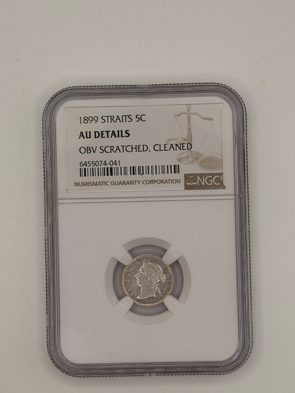 1899 - Straits 5C AU Details Obv Scratched, Cleaned