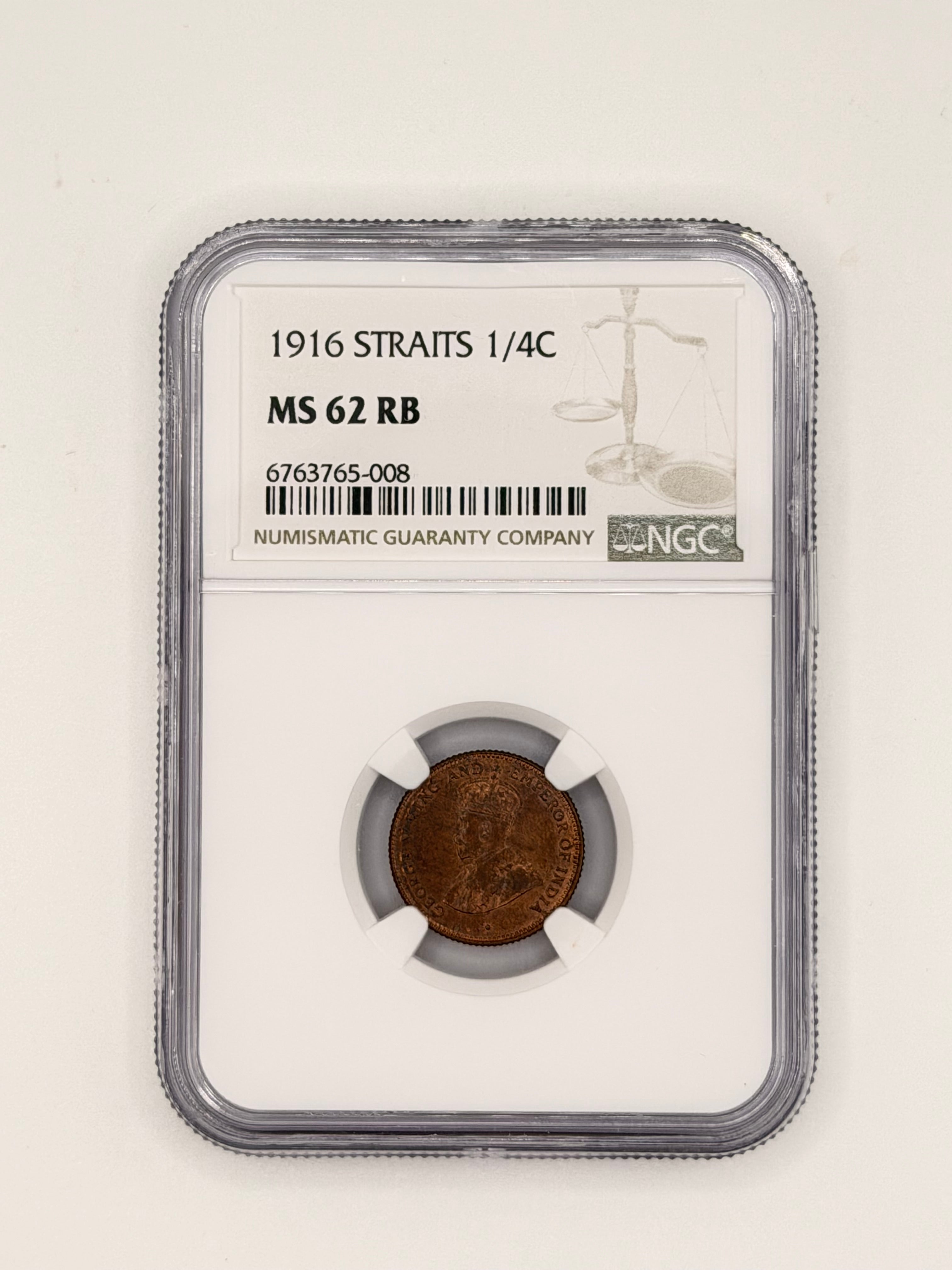 1916 - Straits 1/4 cents MS62 RB