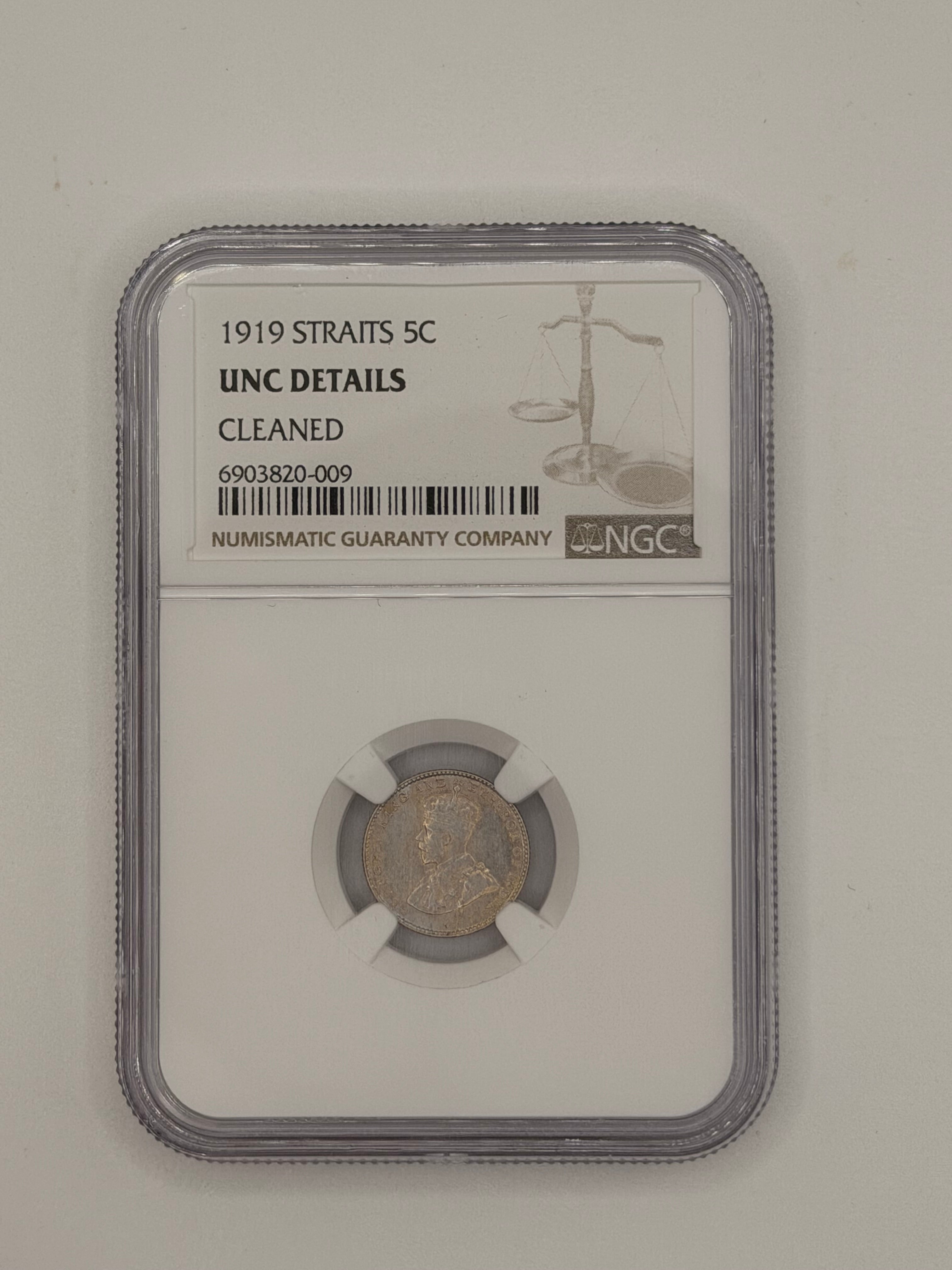 1919 - Straits 5C UNC Details Cleaned
