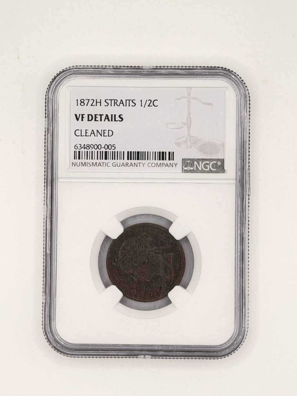 1872H - Straits 1/2C VF Details Cleaned