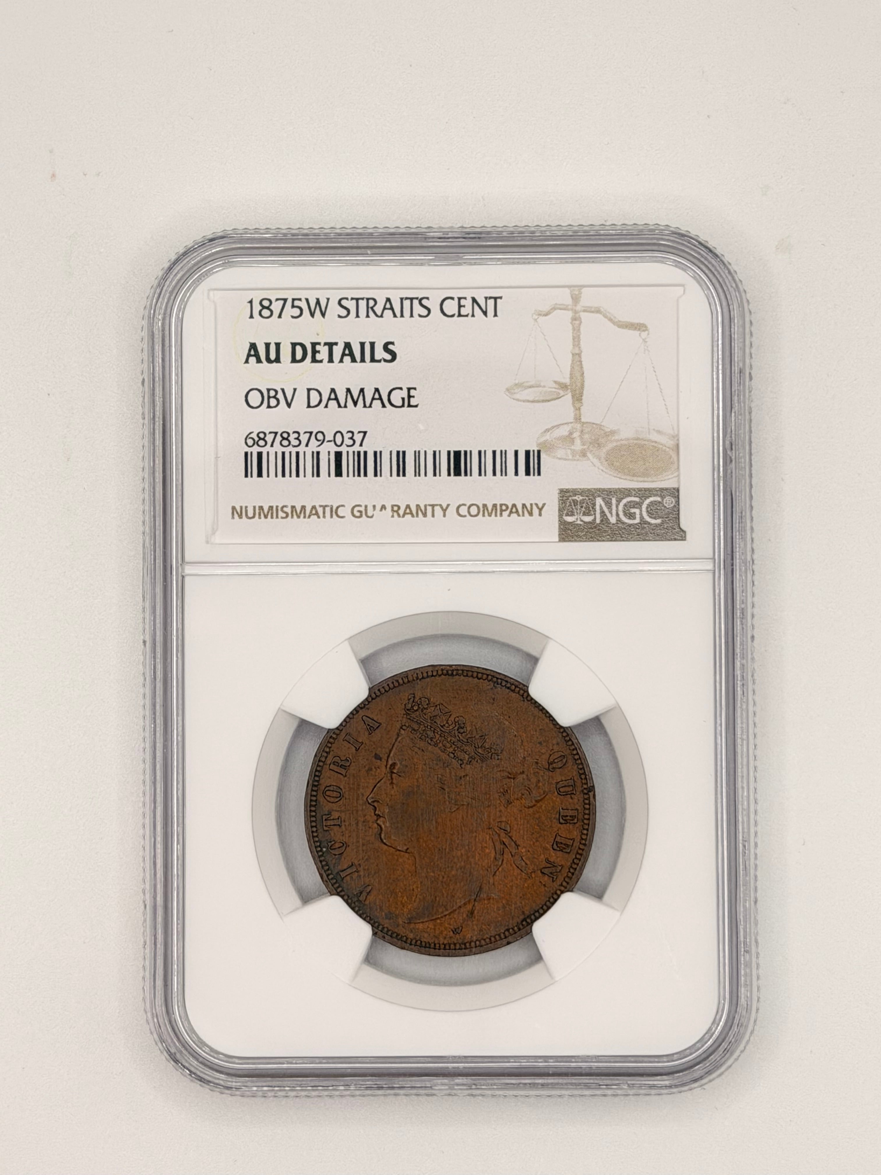 1875W - Straits Cent AU Details Obv Damage