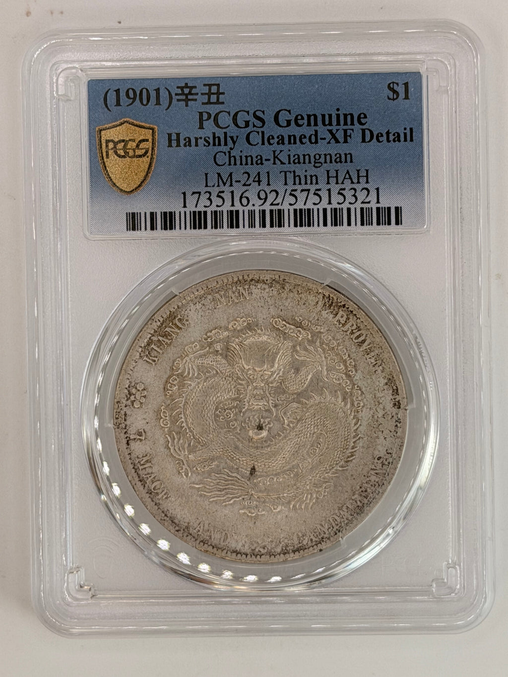 1901 China Kiangnan Harshly Cleaned-XF Detail $1 Coin