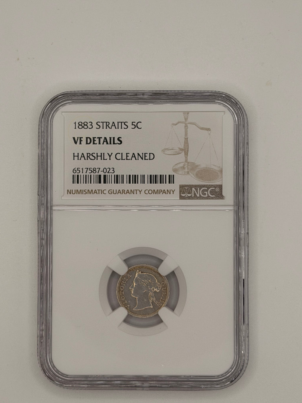 1883 - Straits 5 cents VF Details Harshly Cleaned