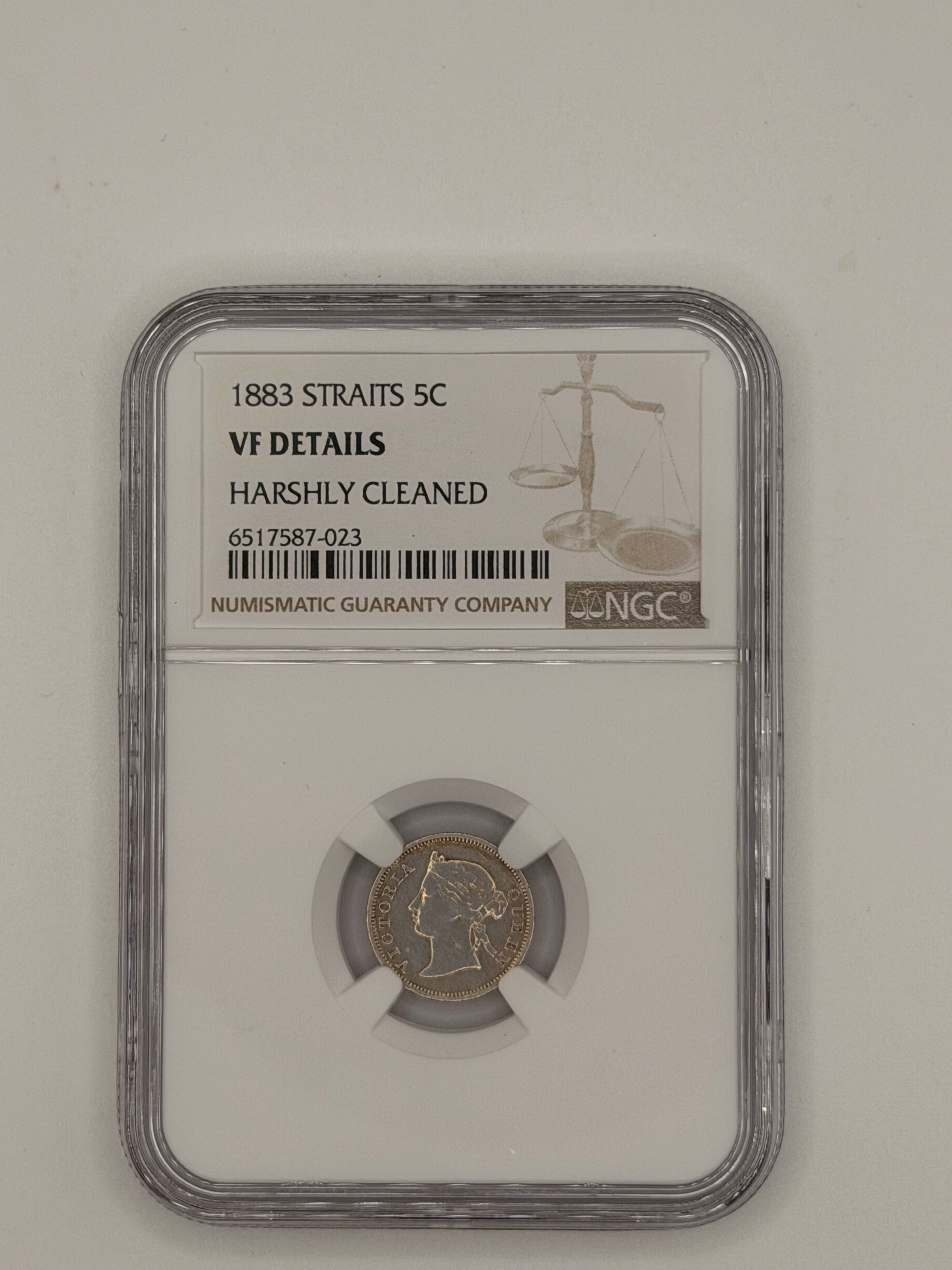 1883 - Straits 5 cents VF Details Harshly Cleaned