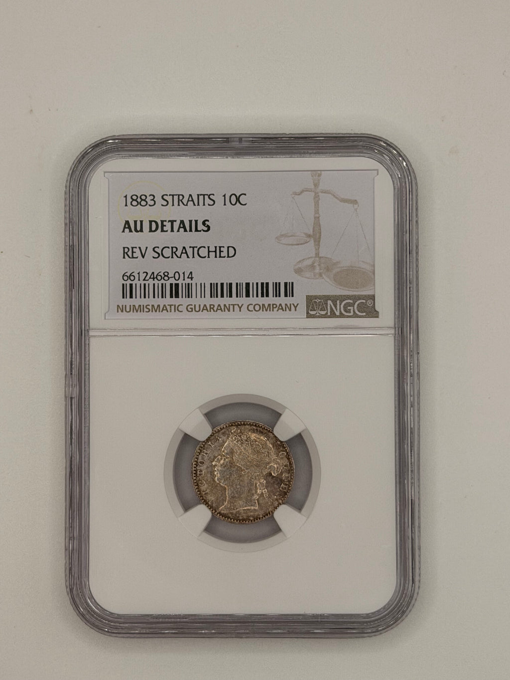 1883 - Straits 10C AU Details Rev Scratched