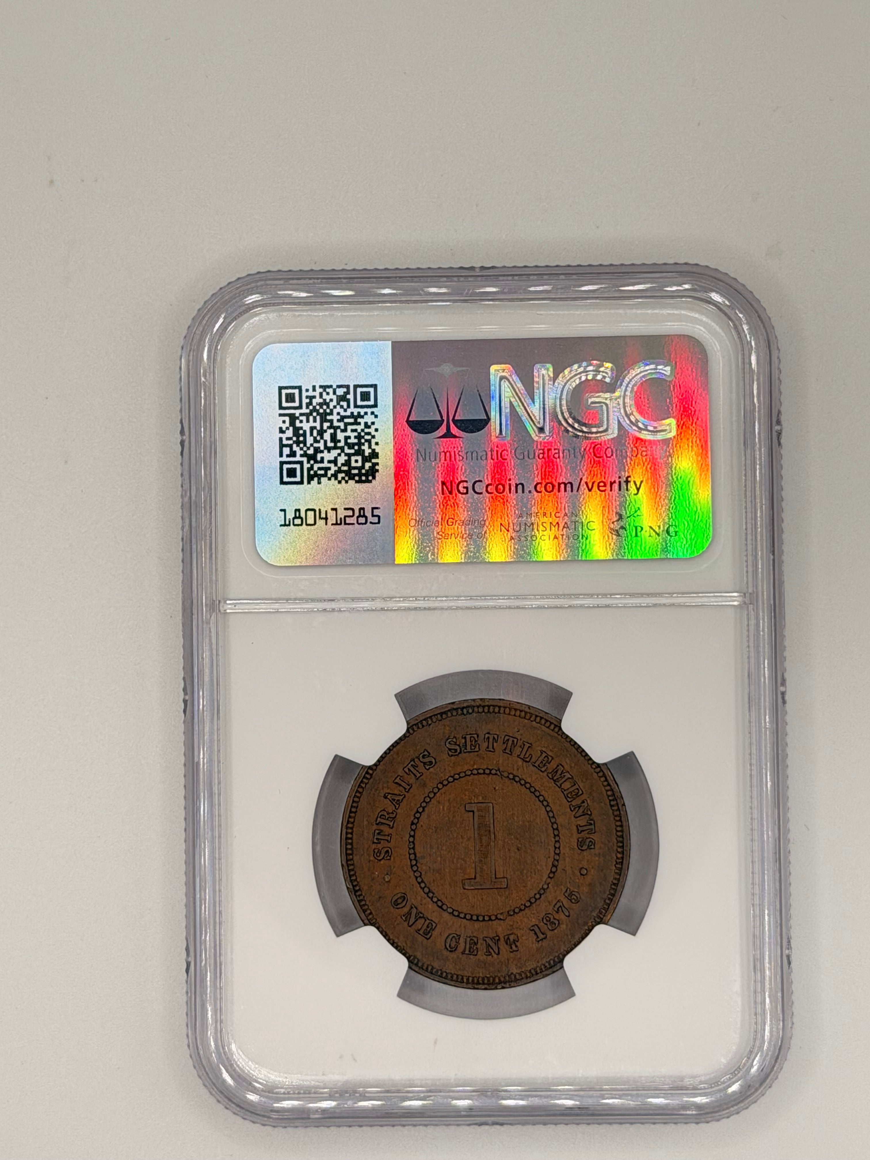 1875W - Straits Cent AU Details Obv Damage