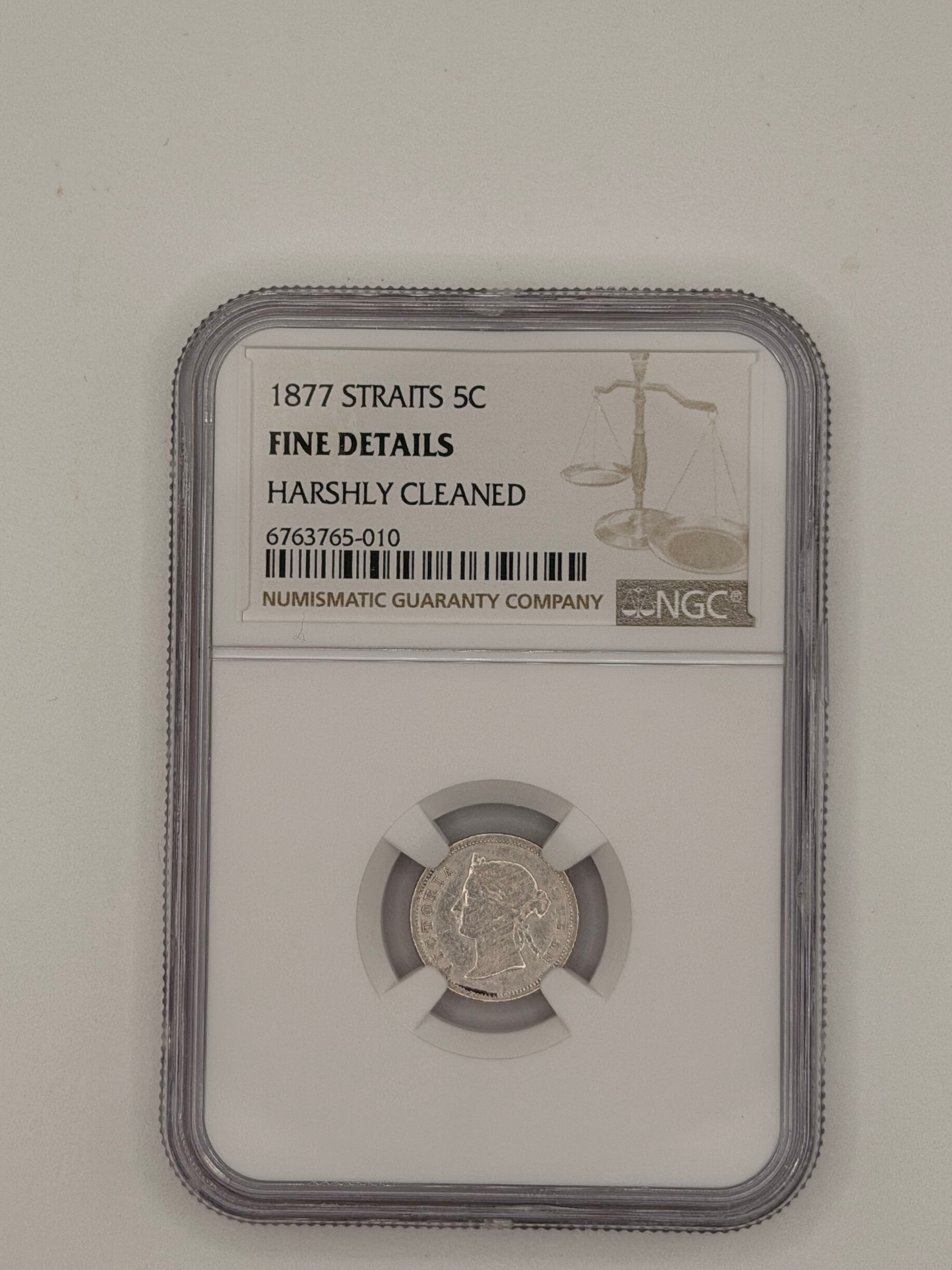 1877 - Straits 5C Fine Details Harshly Cleaned