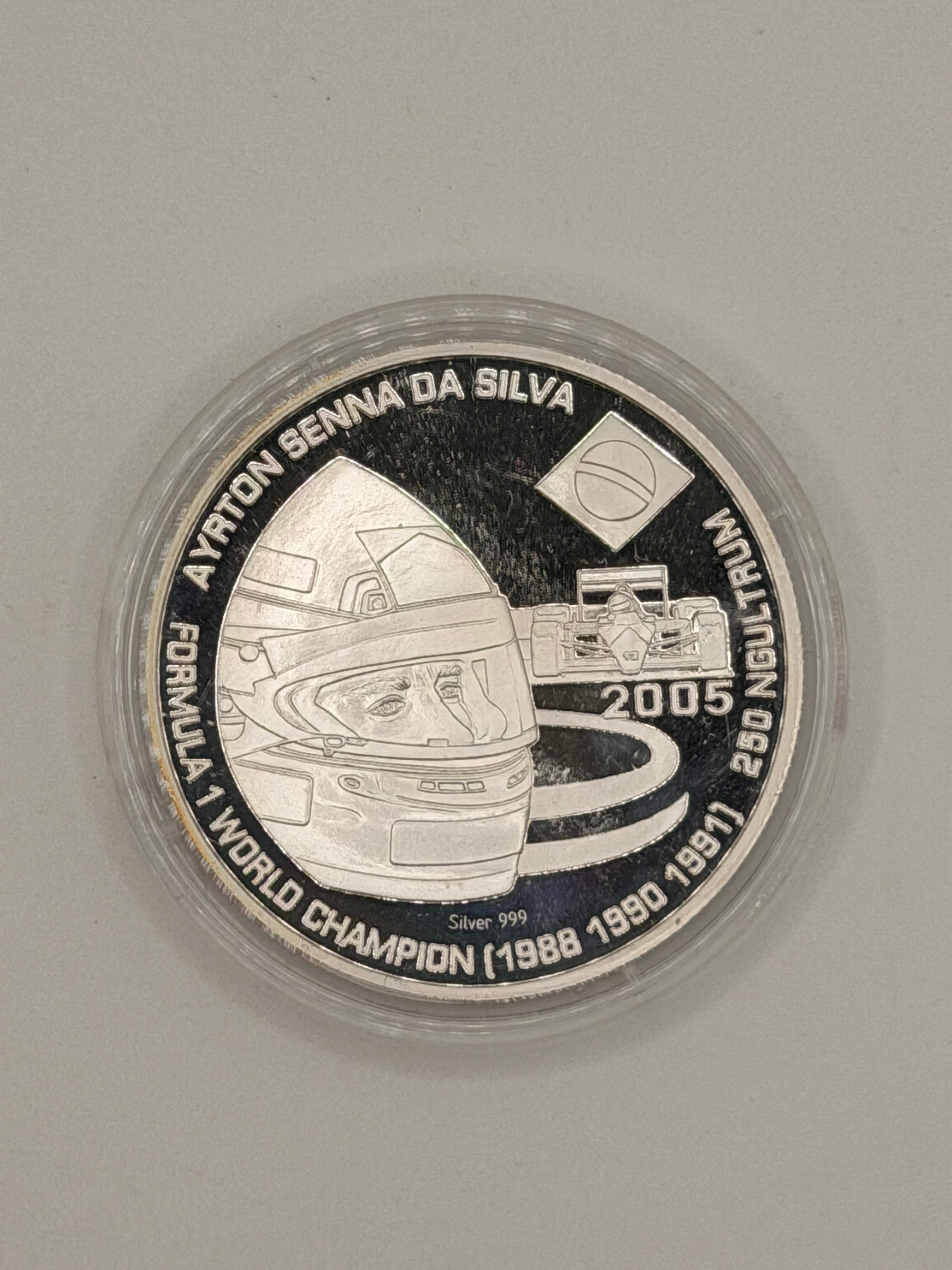 2005 Bhutan 250 Ngultrum Formula 1 Ayrton Silva Silver Coin