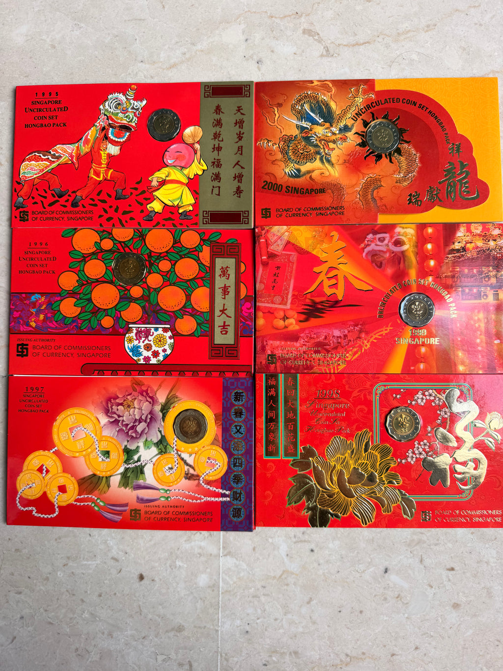 [Set of 6] 1995 - 2000 Singapore Uncircculated Coin Set Hongbao Pack