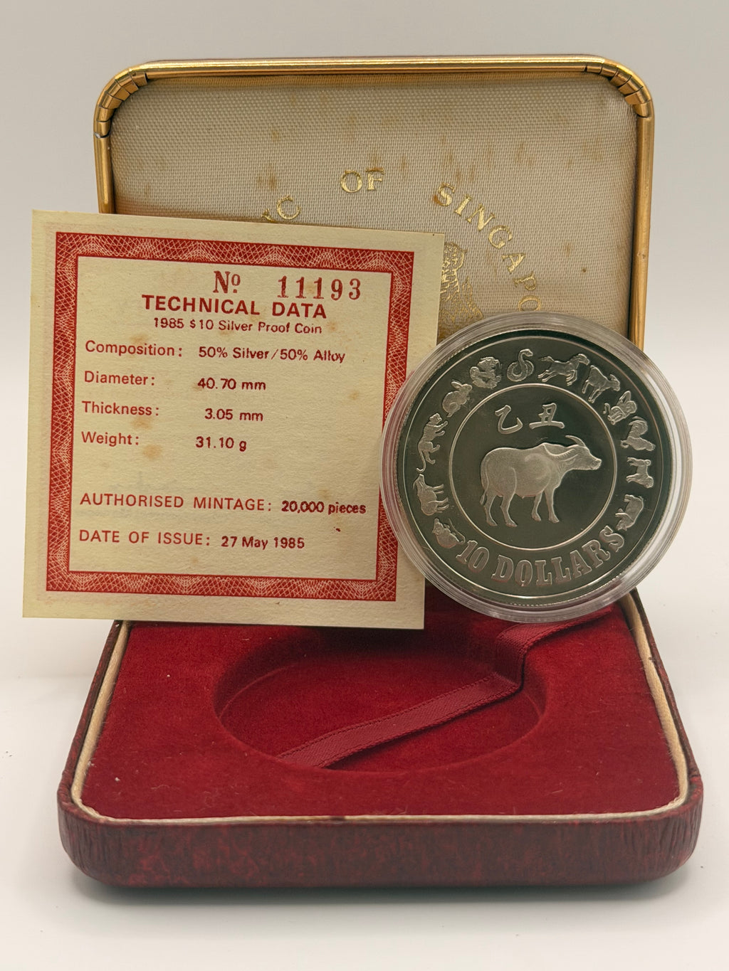 1985 Singapore $10 Silver Proof Coin (Year of the Ox)