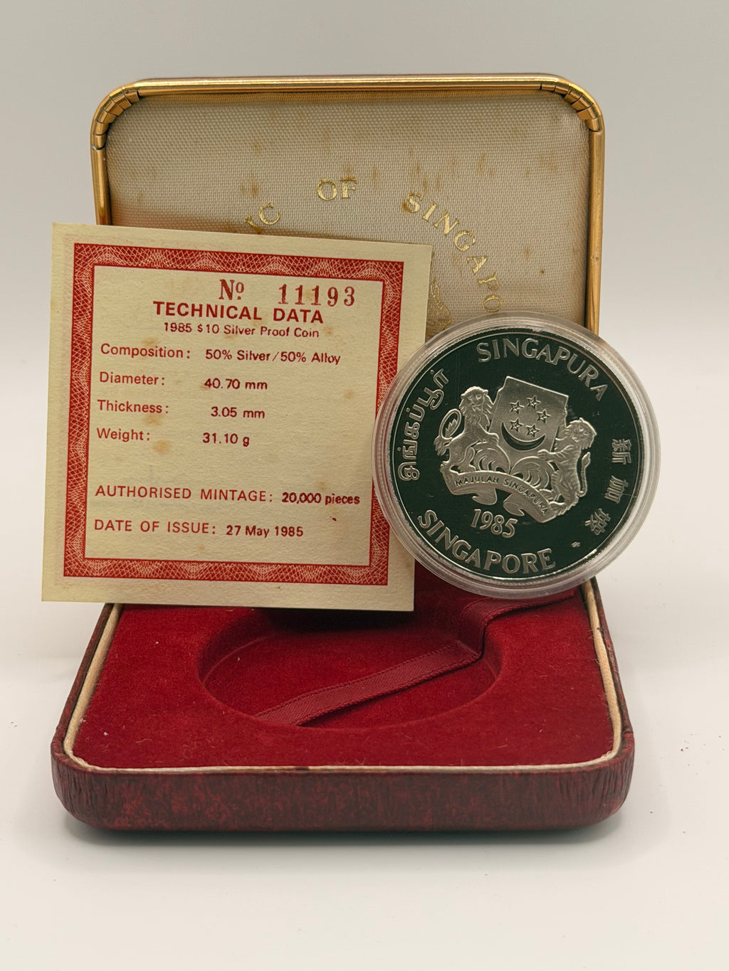 1985 Singapore $10 Silver Proof Coin (Year of the Ox)