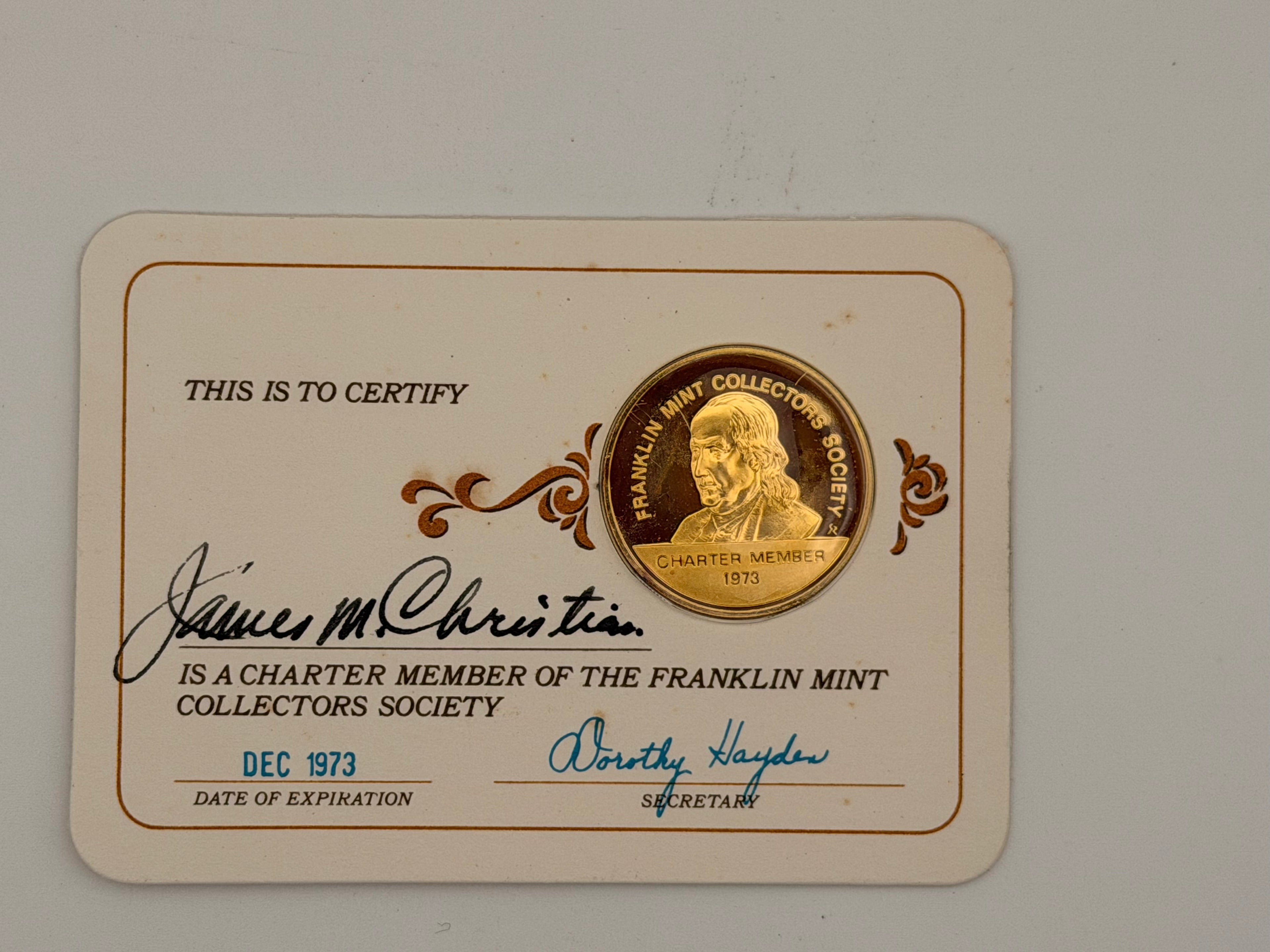 1973 - 1979 US Franklin Mint Collectors Society Charter Member Token