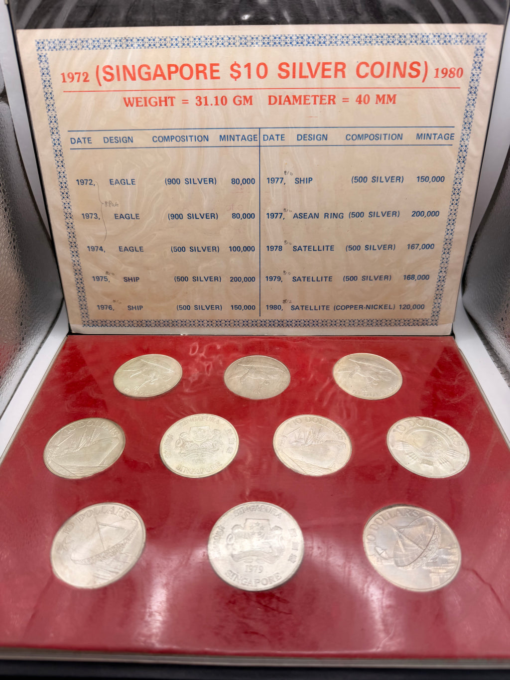 1972 - 1980 Singapore $10 UNC Silver Coin Set