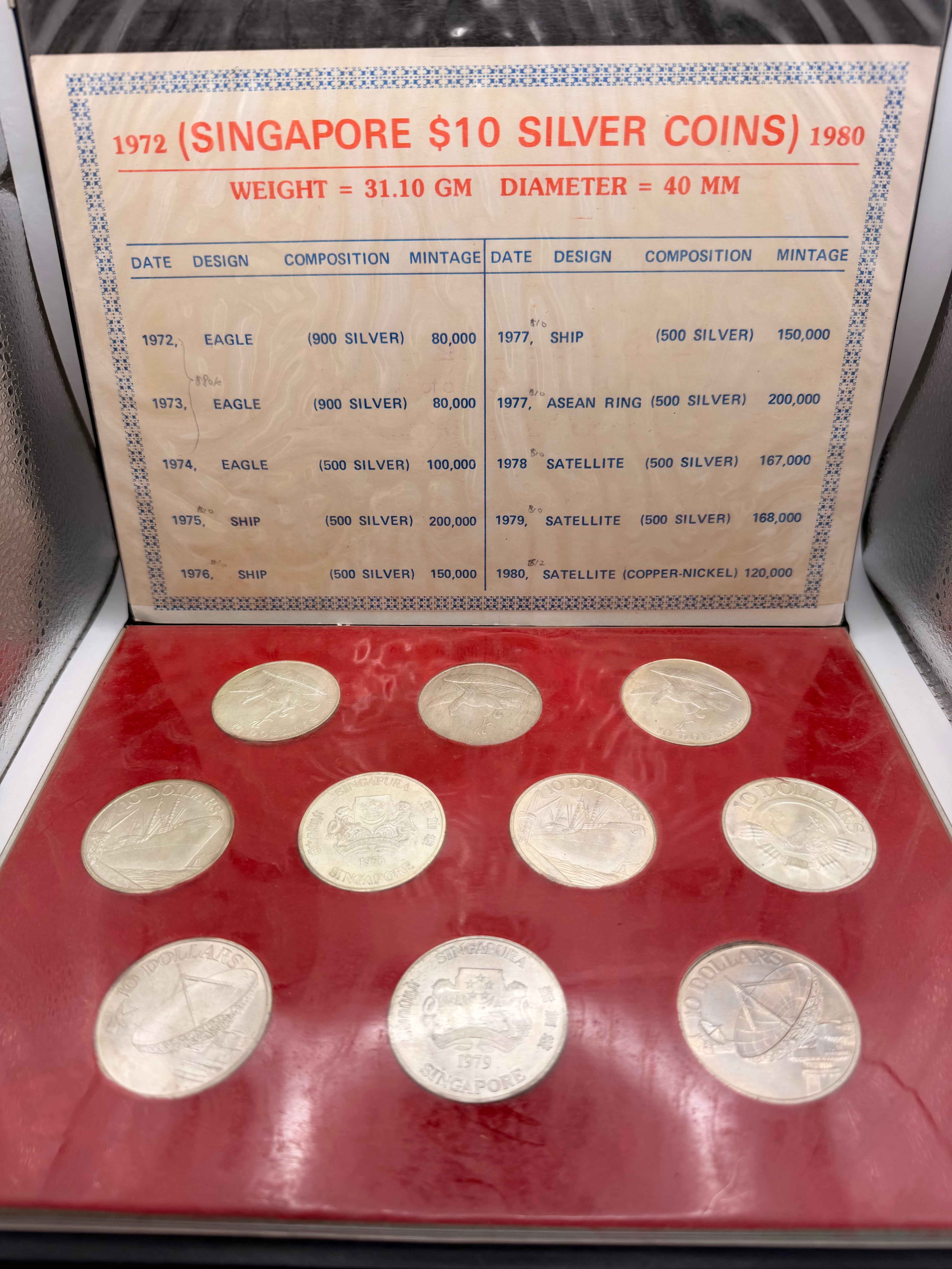 1972 - 1980 Singapore $10 UNC Silver Coin Set