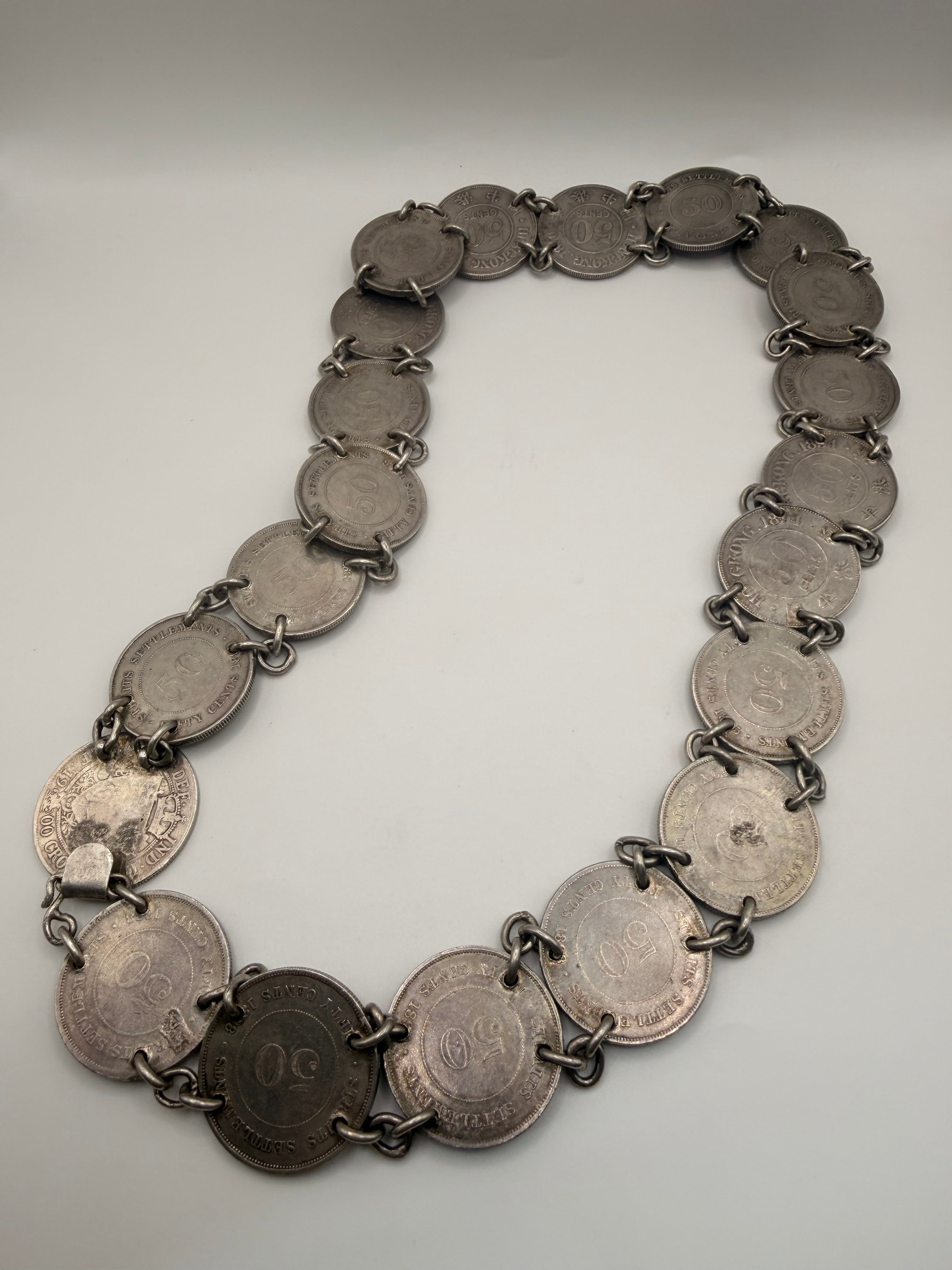 [21 pcs] 1888 - 1900 Straits Settlement & Hong Kong 50C Coins Antique Coin Belt