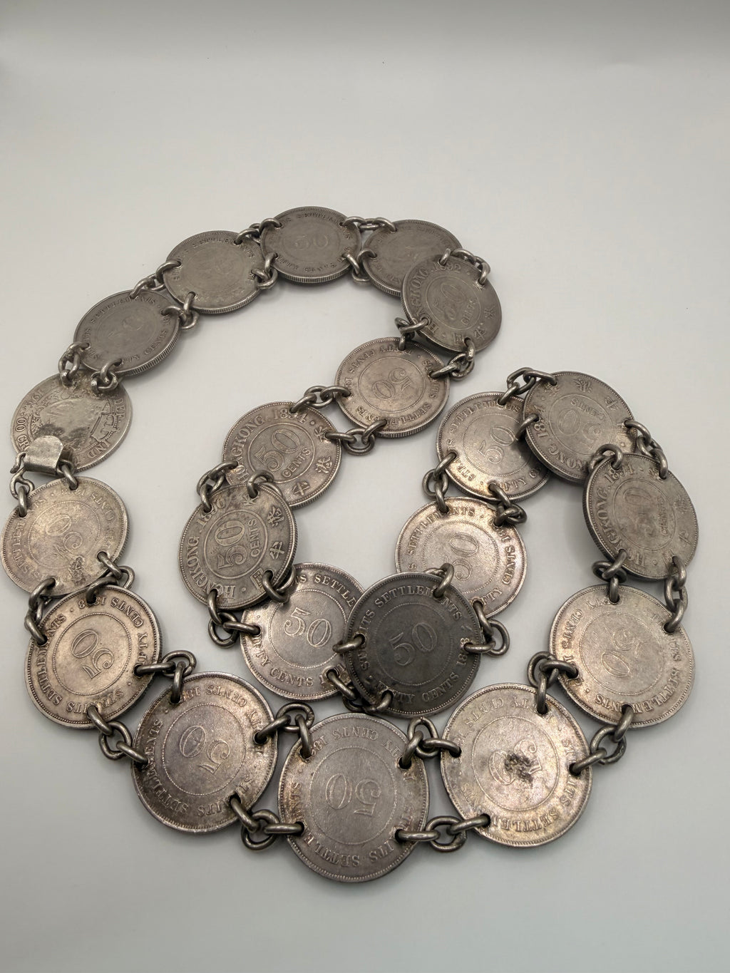 [21 pcs] 1888 - 1900 Straits Settlement & Hong Kong 50C Coins Antique Coin Belt