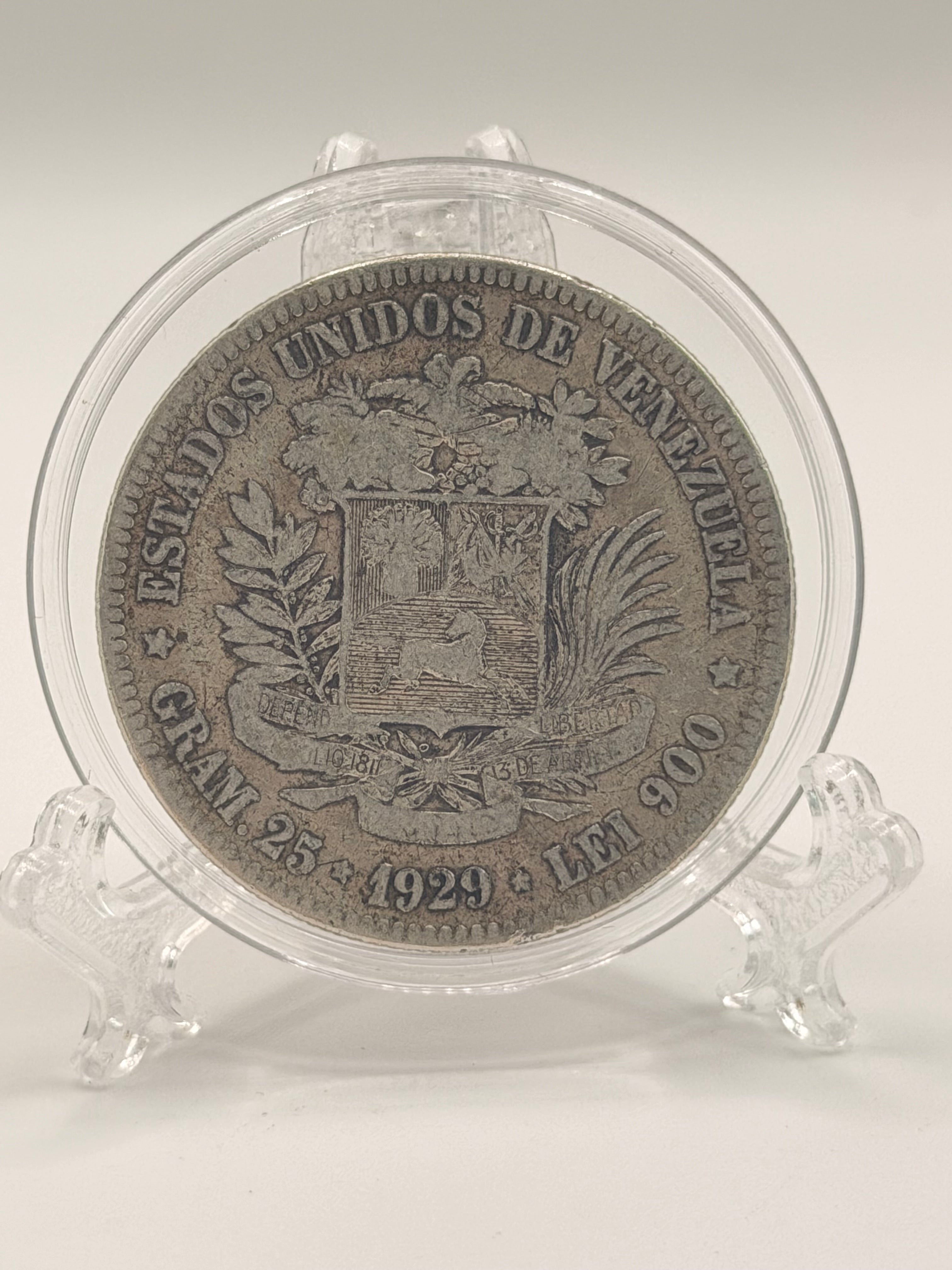 1929 Venezuela 5 Bolívares Silver Coin
