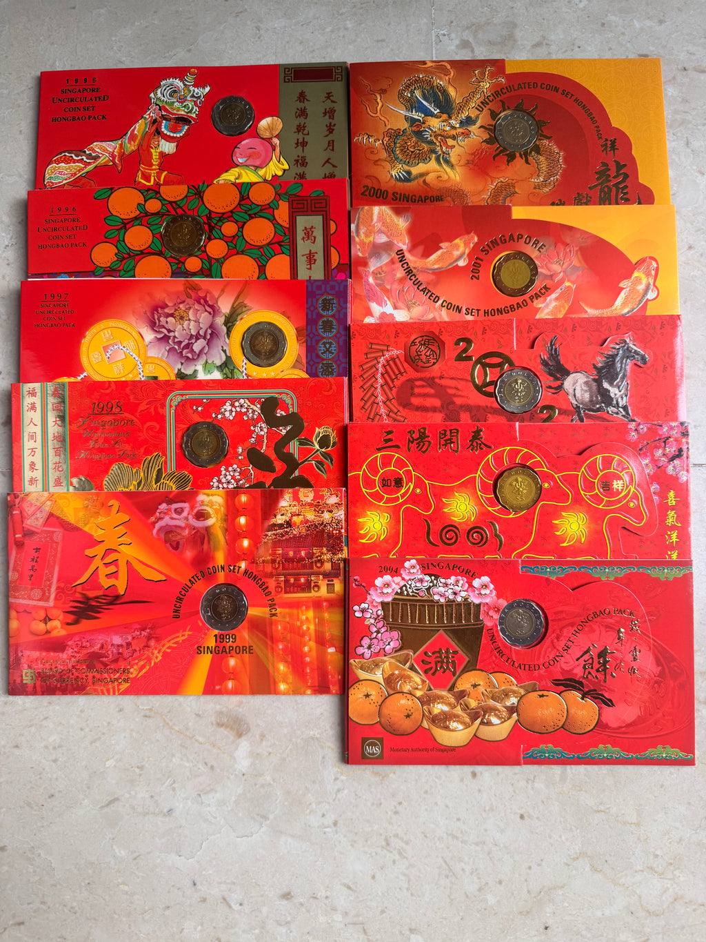 [Set of 10] 1995 - 2004 Singapore Uncircculated Coin Set Hongbao Pack