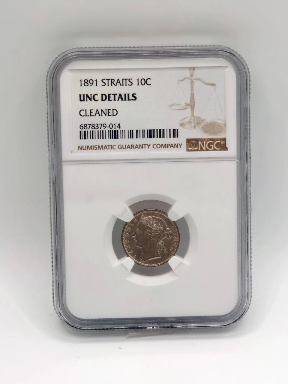 1891 - Straits 10 cents UNC Details Cleaned