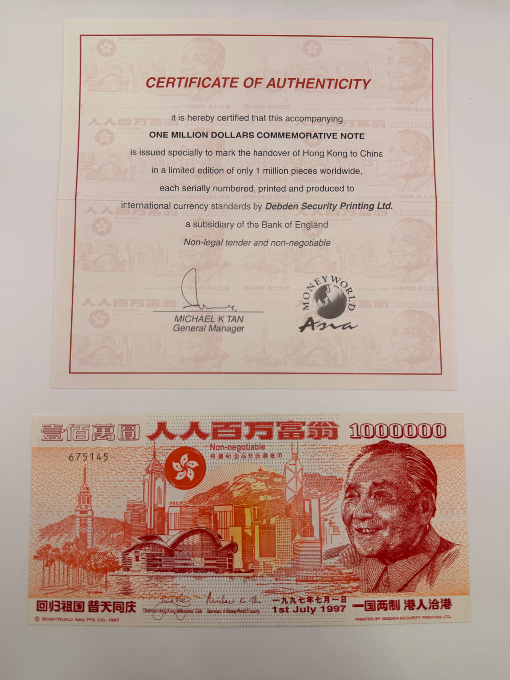 1997 Hong Kong Returns to China Commemorative Medallion, Uncirculated Coin Set and Commemorative Million Dollar