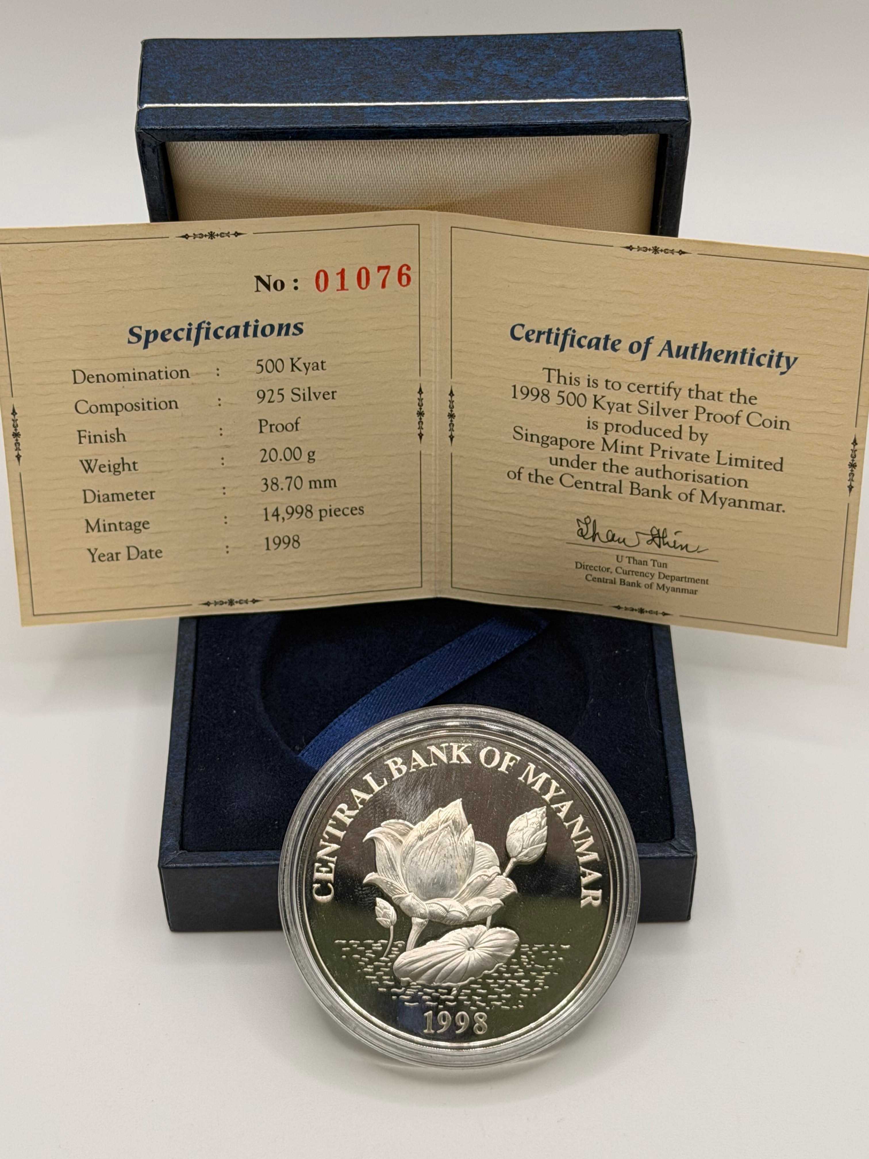 1998 Myanmar 500 Kyat Silver Proof Coin