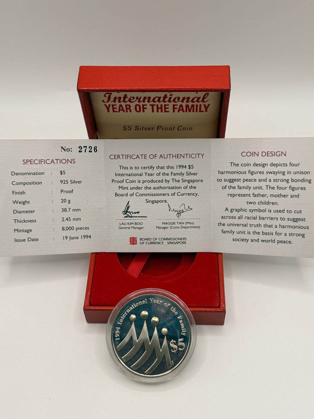 1994 Singapore International Year of the Family $5 Silver Proof Coin