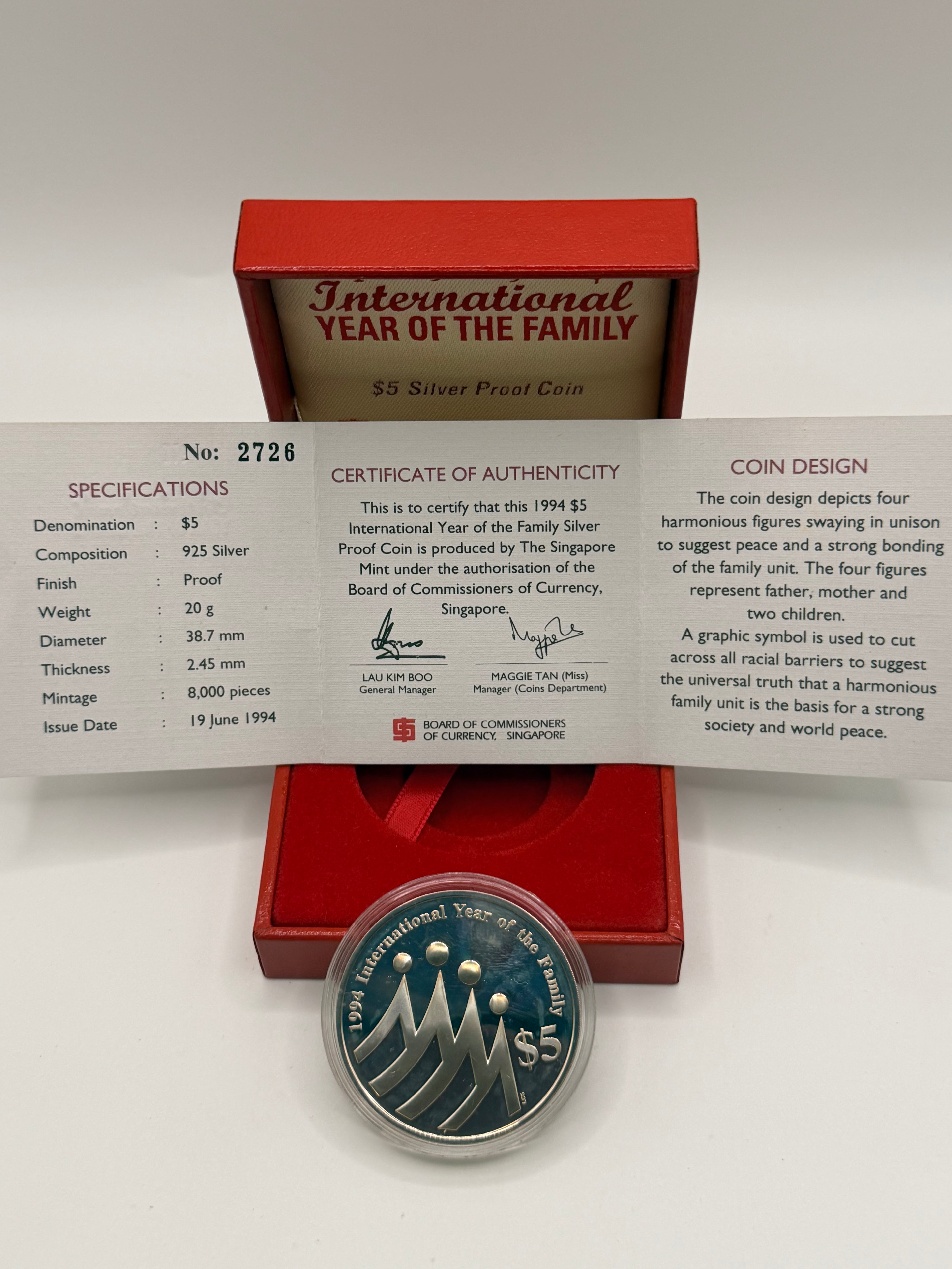 1994 Singapore International Year of the Family $5 Silver Proof Coin
