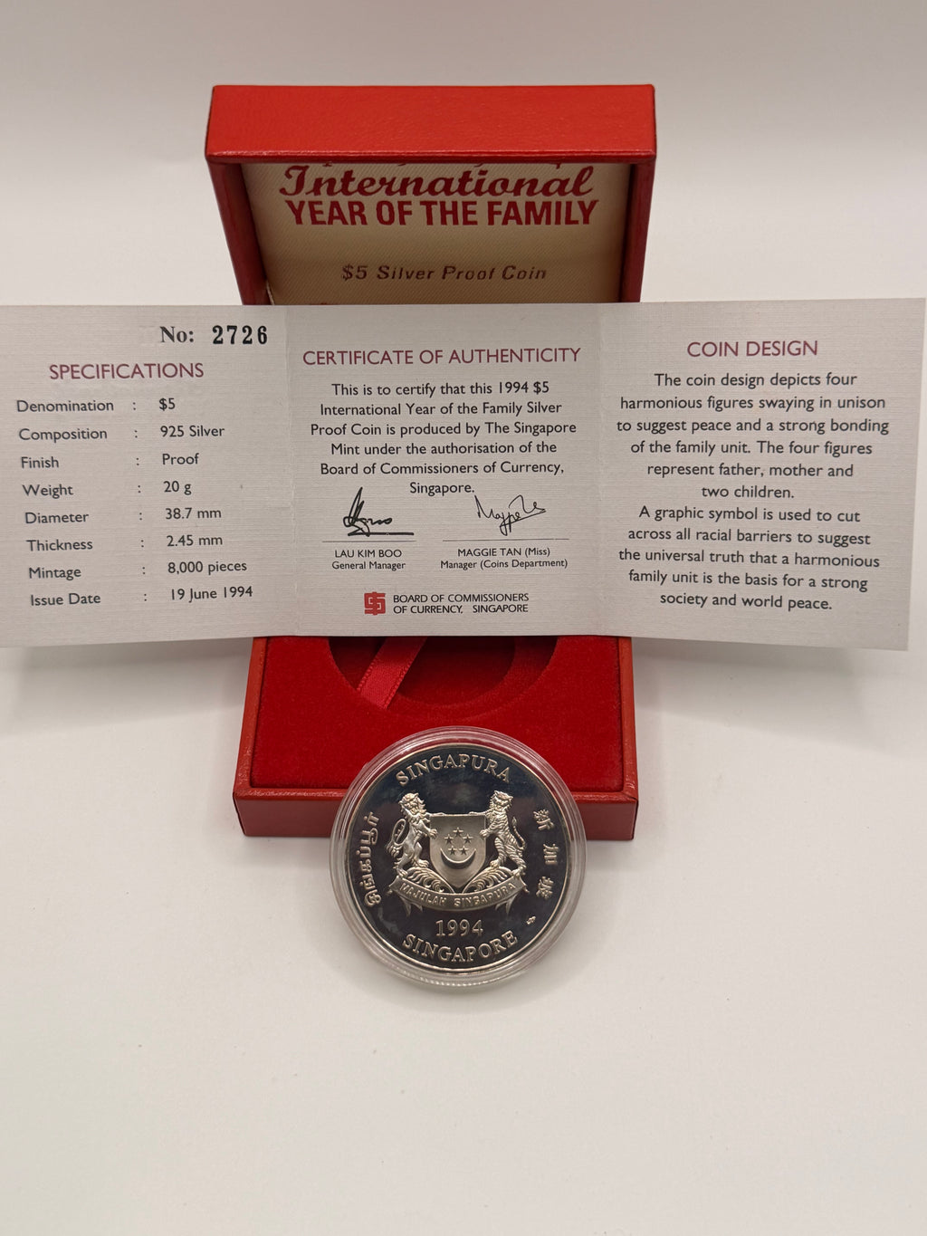 1994 Singapore International Year of the Family $5 Silver Proof Coin