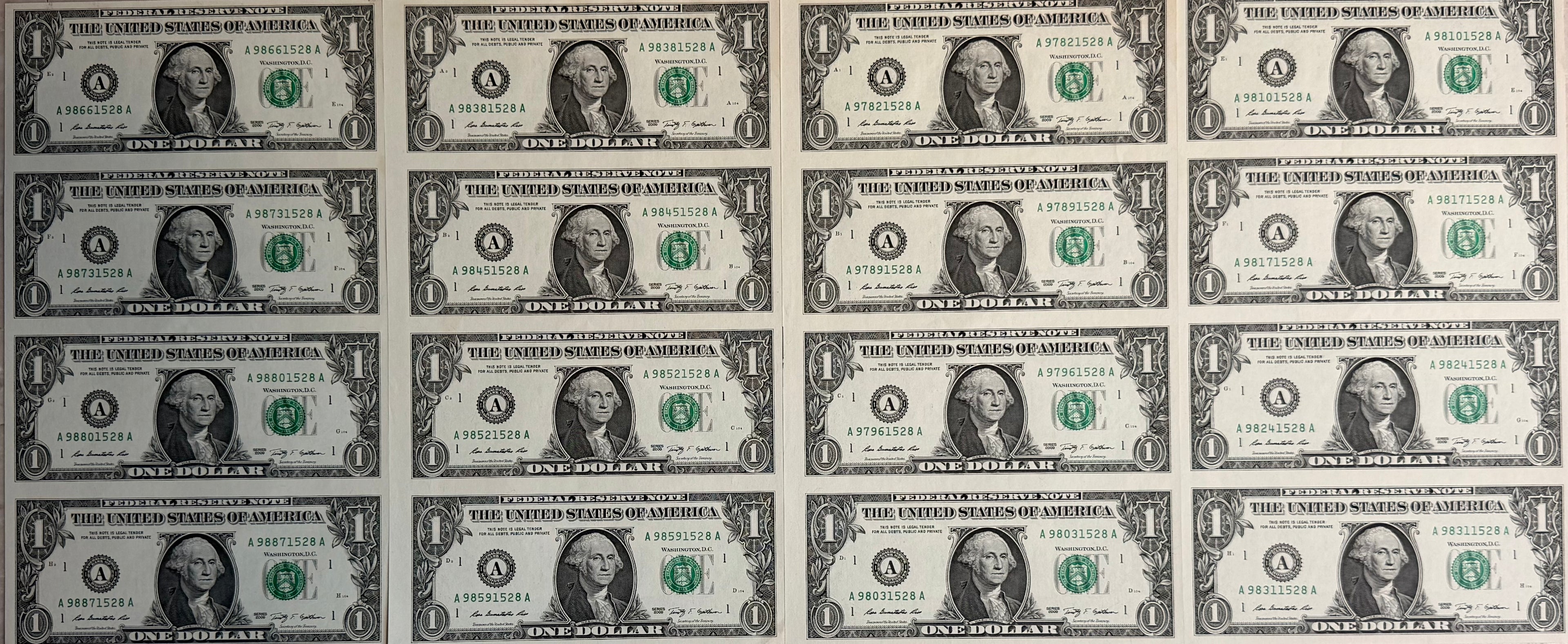 [Set of 4] 2009 US Uncut 4 in 1 $1 Banknotes
