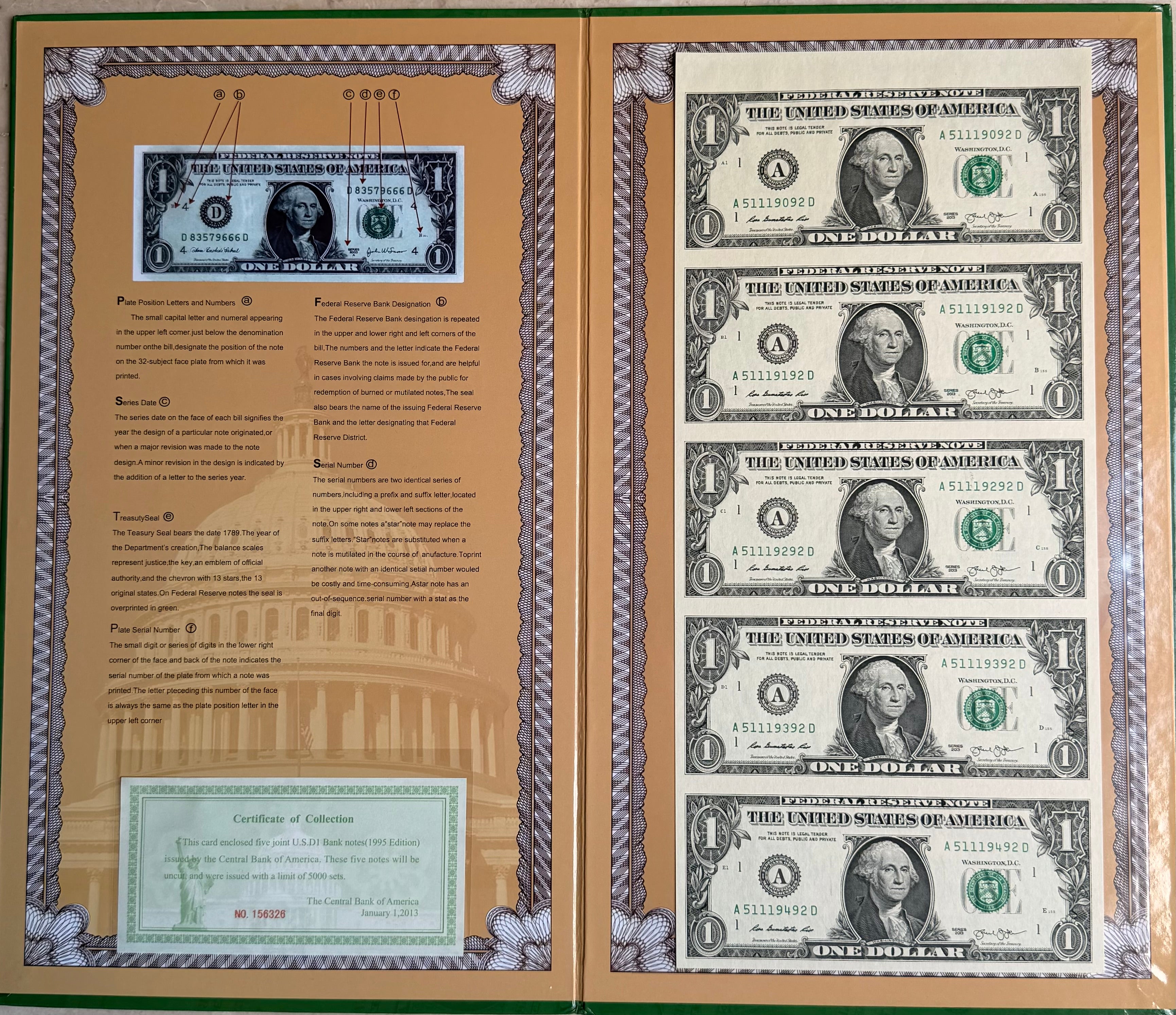 1995 US Uncut 5 in 1 $1 Banknotes