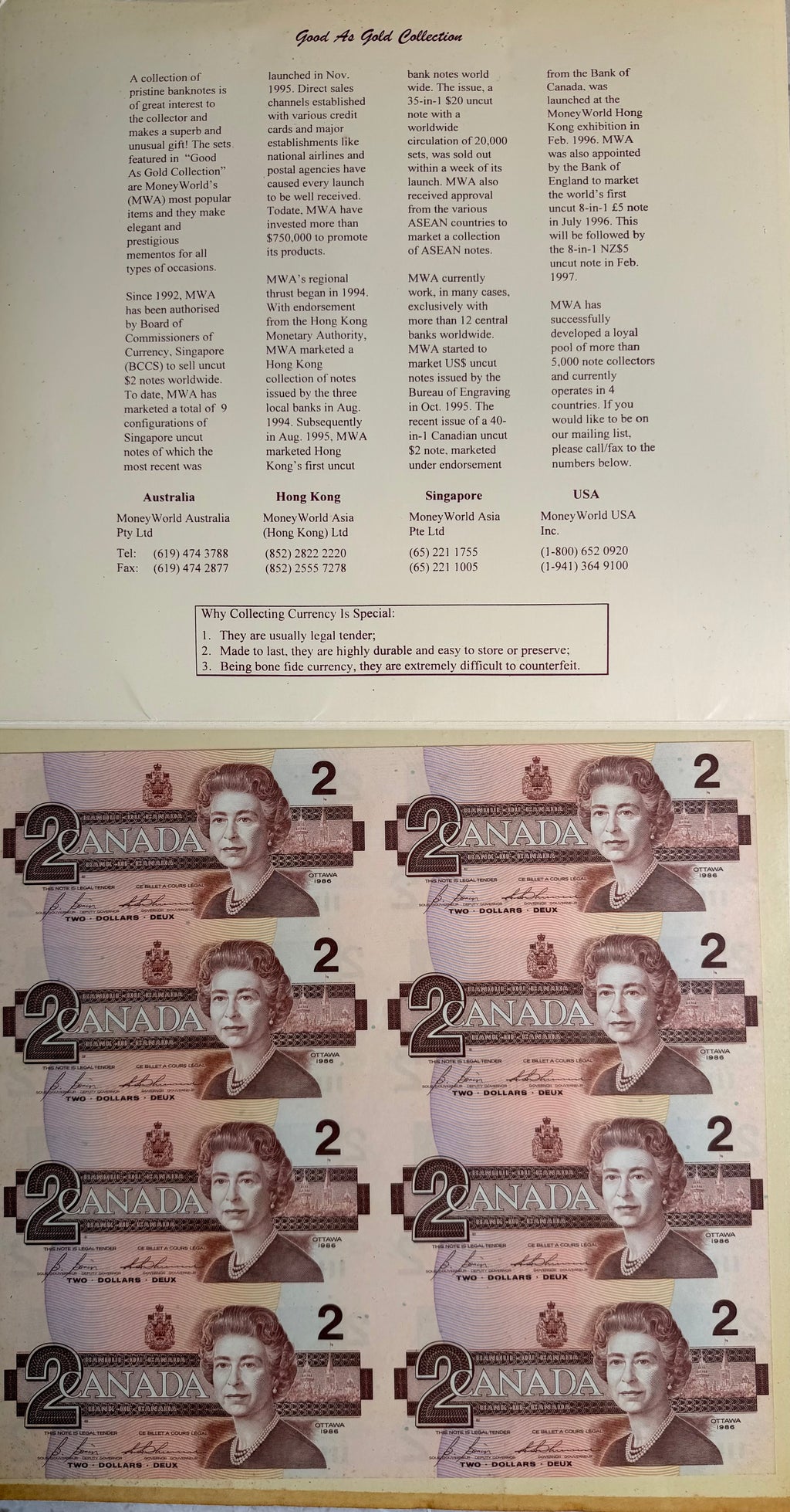 1986 Canada 8 in 1 $2 Banknotes
