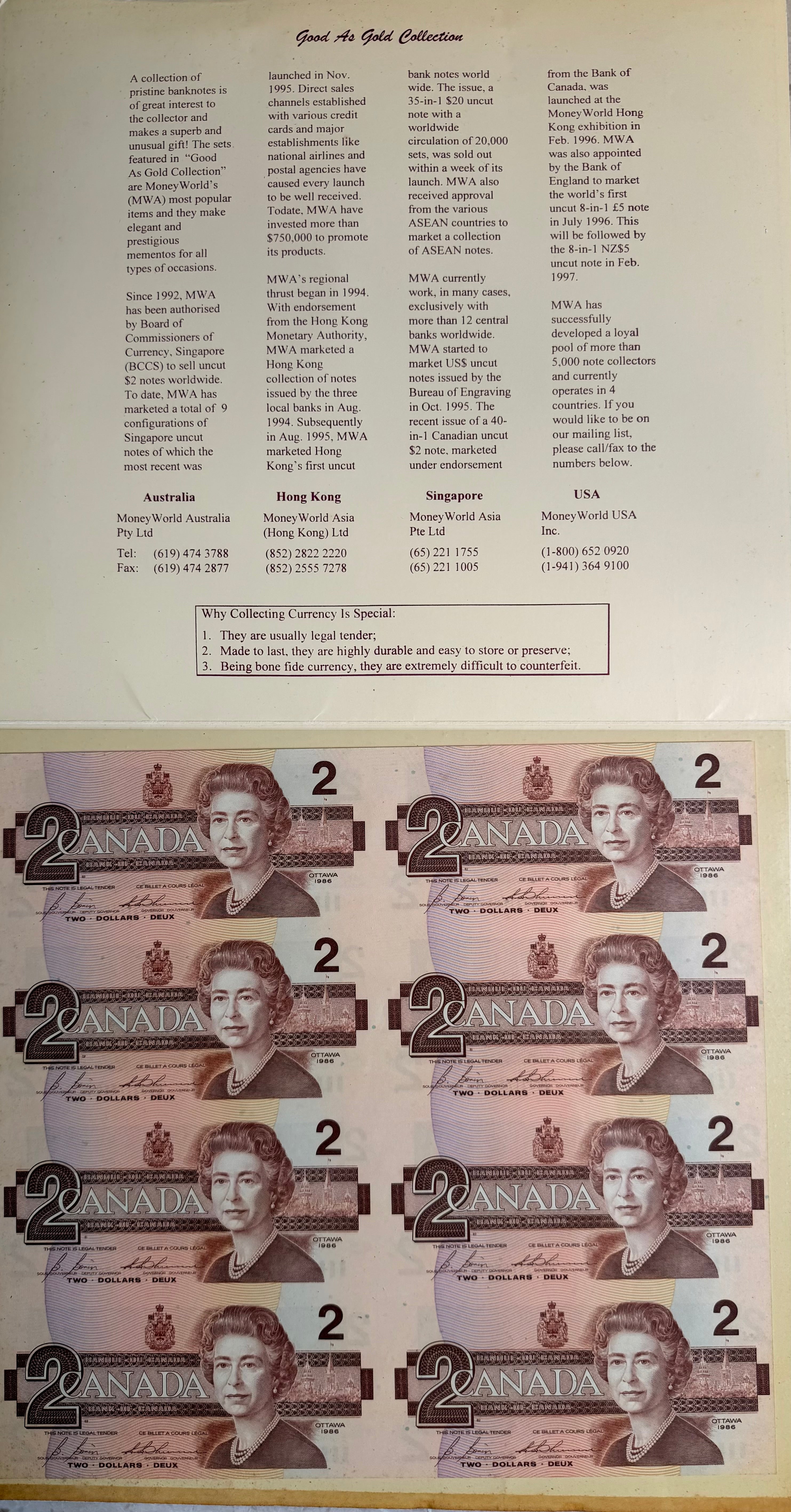 1986 Canada 8 in 1 $2 Banknotes