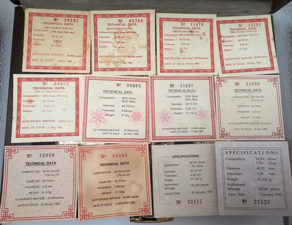 1981 - 1992 Singapore The Collection of $10 Silver Proof Coin Set