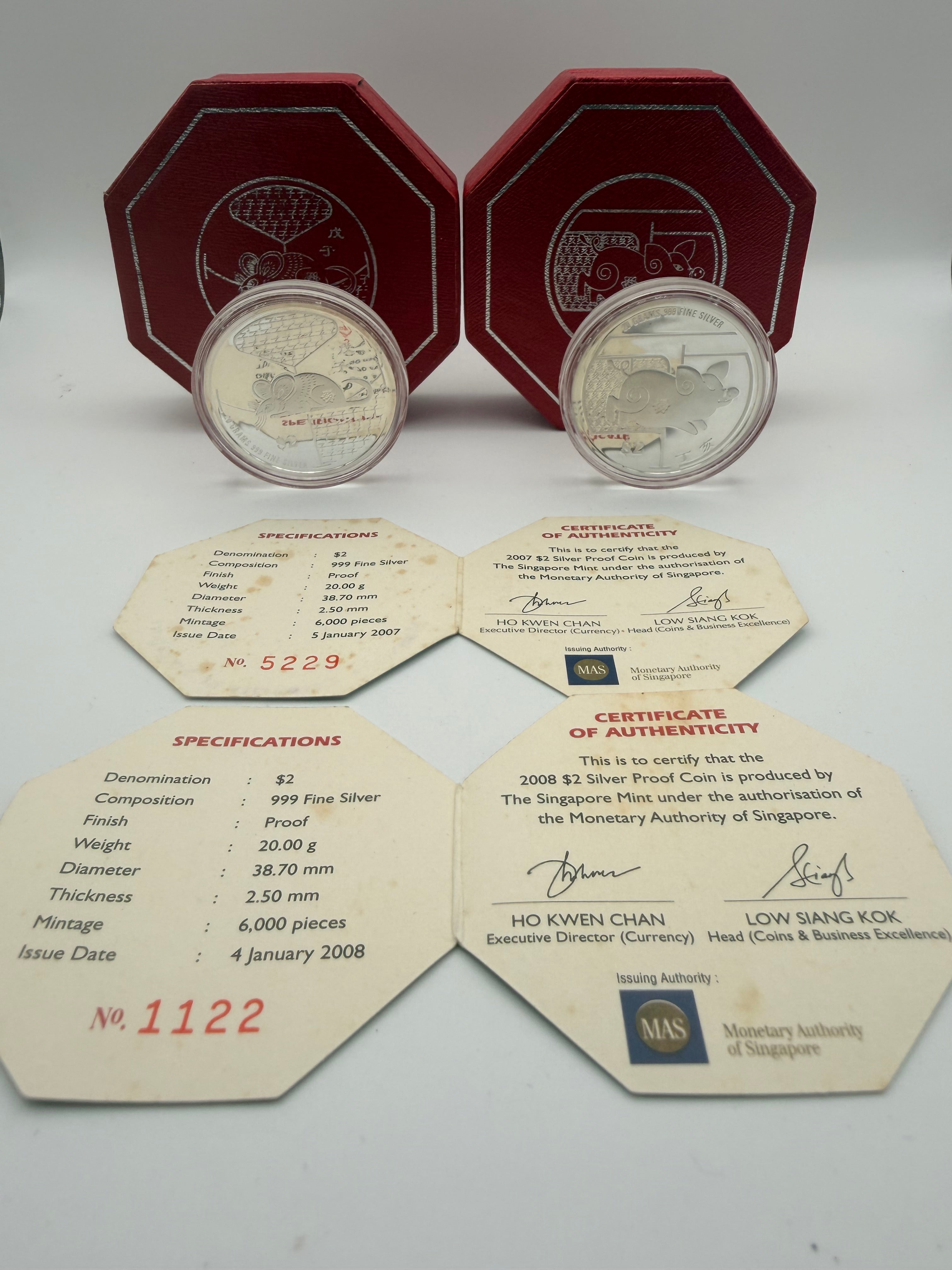 [Set of 2] 2007 - 2008 Singapore $2 Silver Proof Coin