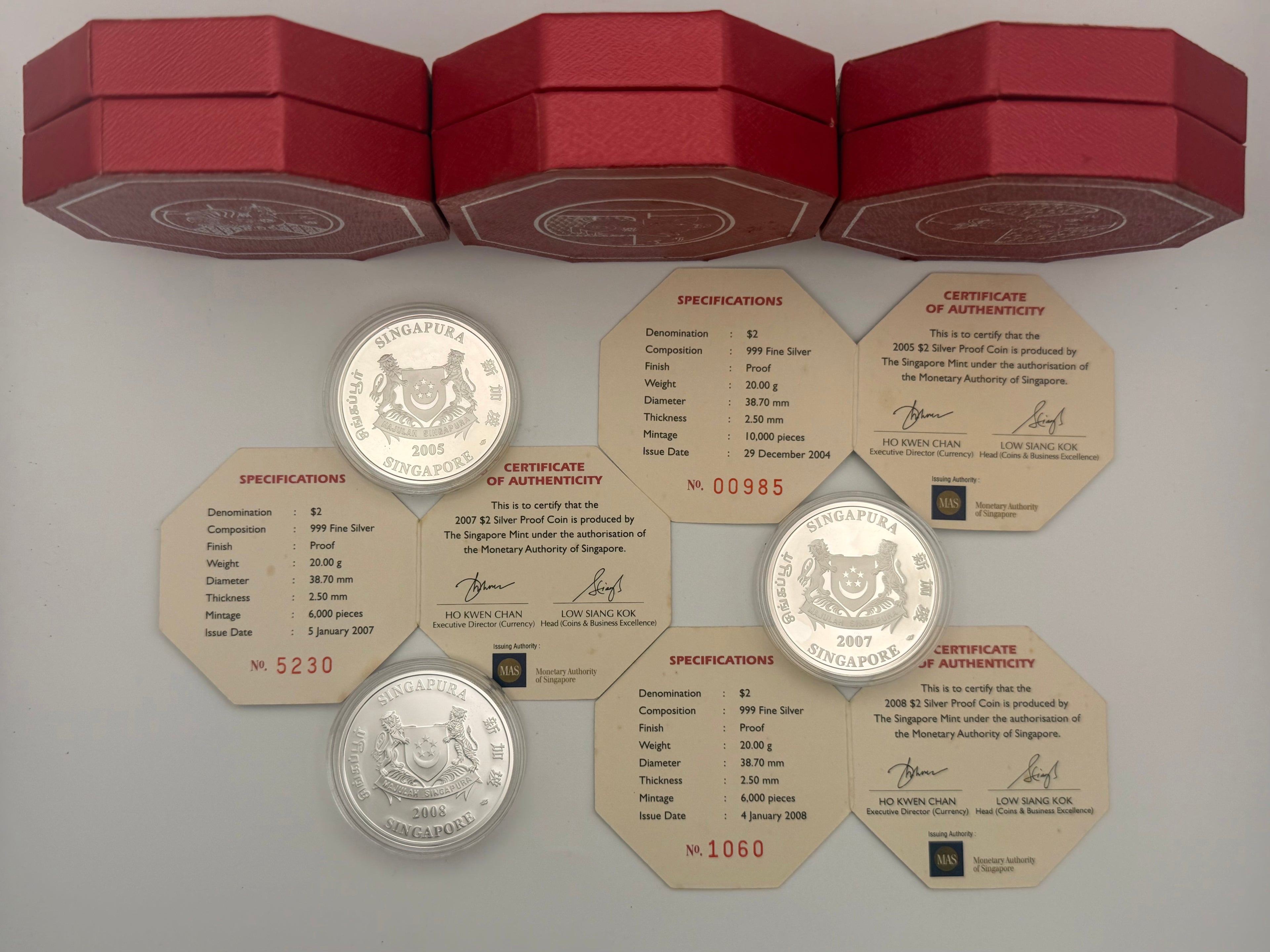 [Set of 3] 2005 - 2008 Singapore $2 Silver Proof Coin