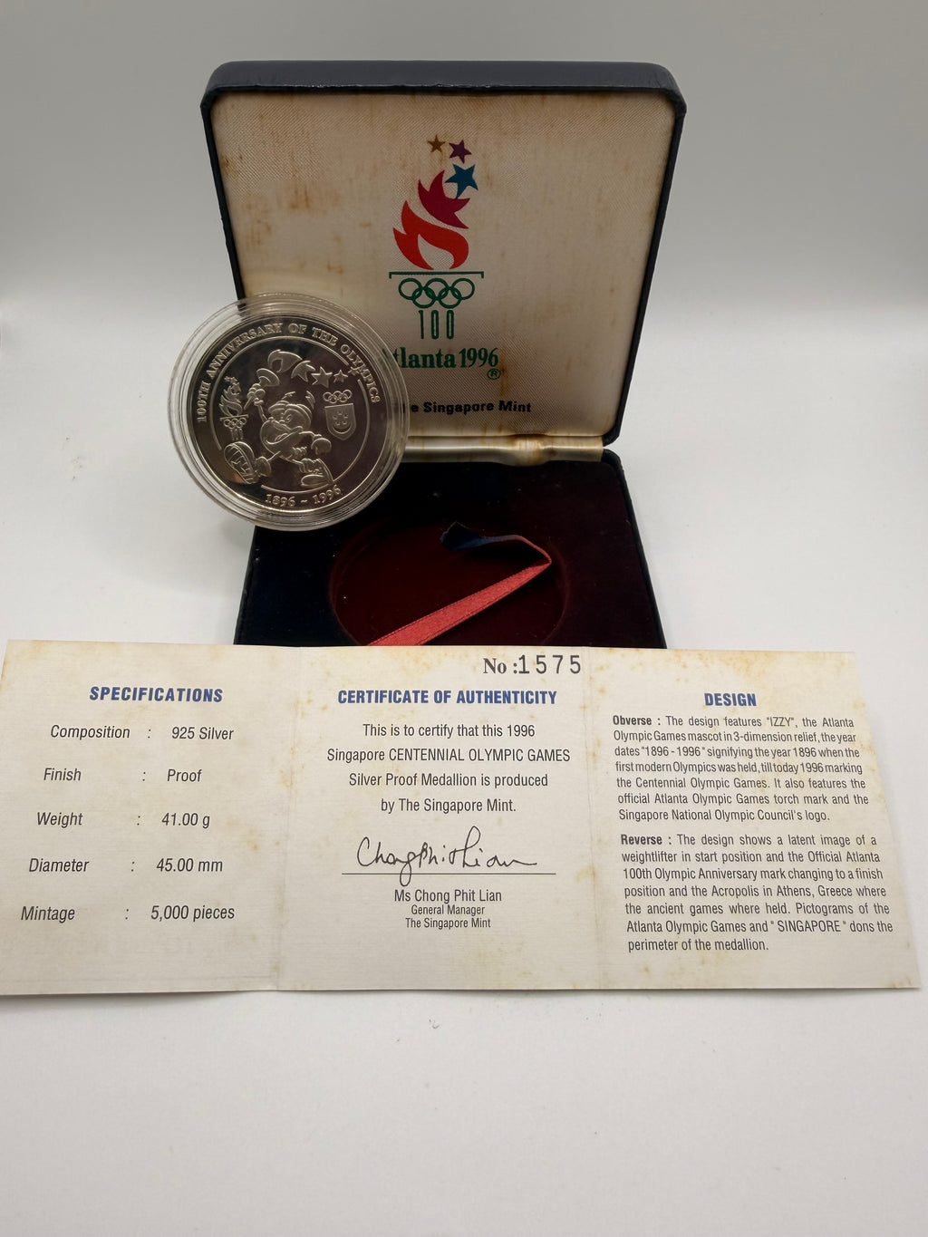 1996 Singapore Centennial Olympic Games Silver Proof Medallion