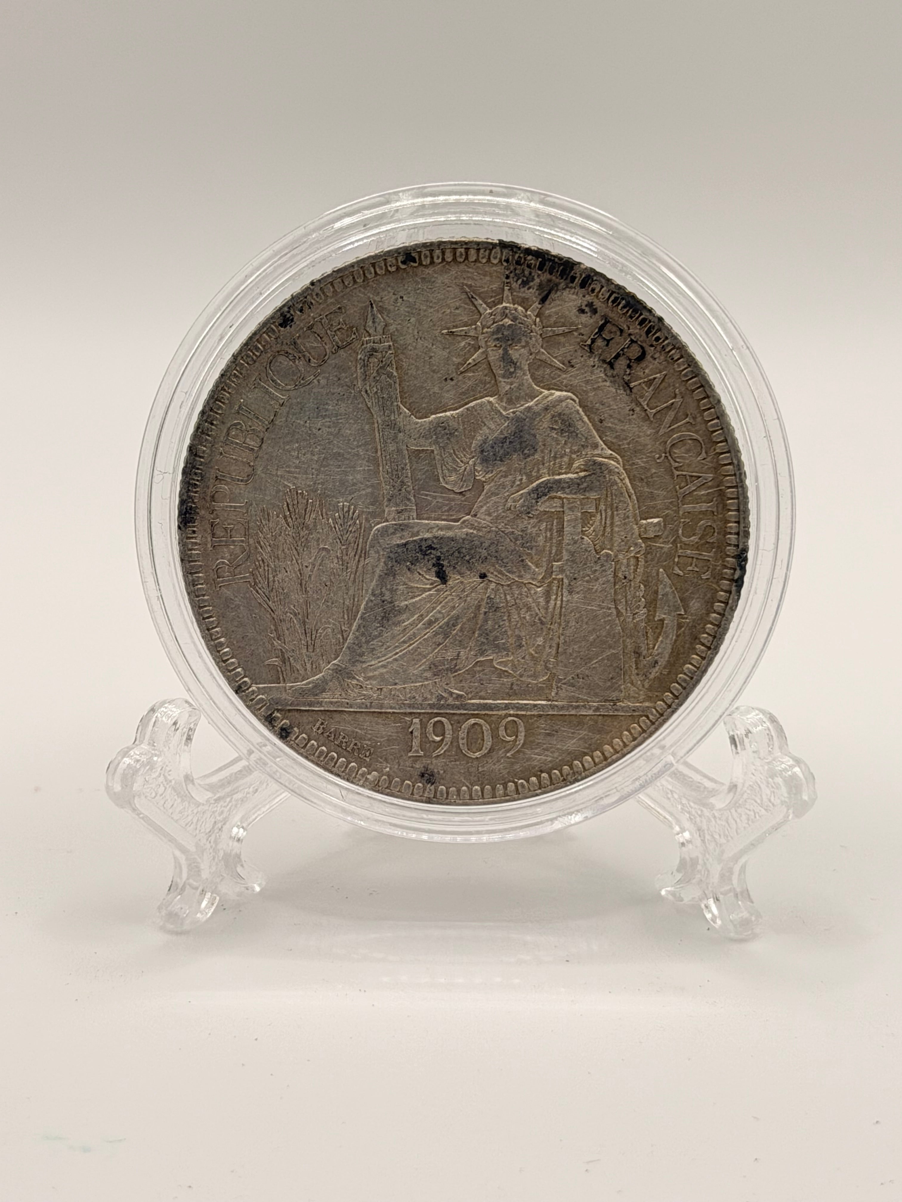 1909 French Indo China 1 Piastre Silver Coin