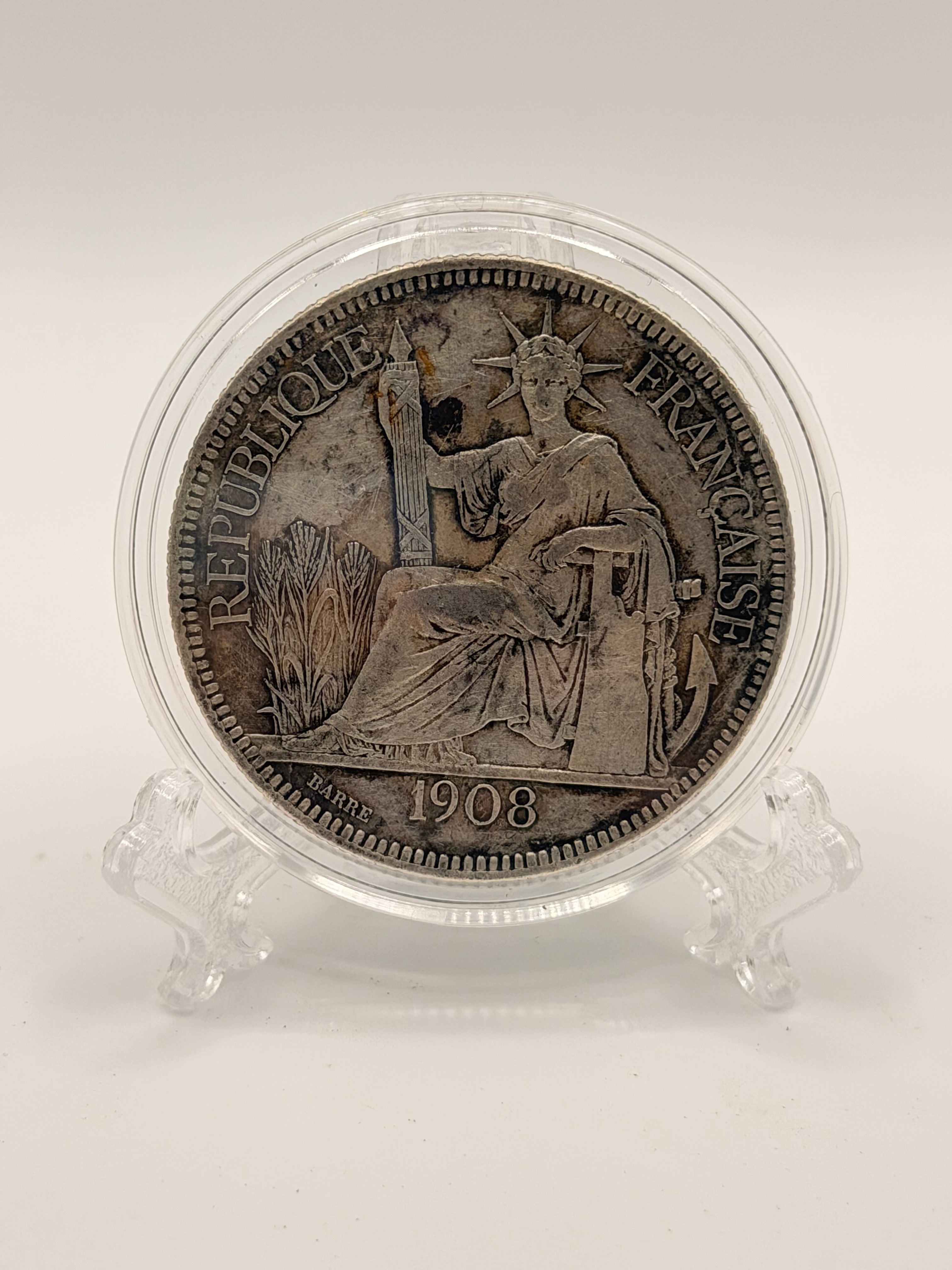 1908 French Indo China 1 Piastre Silver Coin (XF)