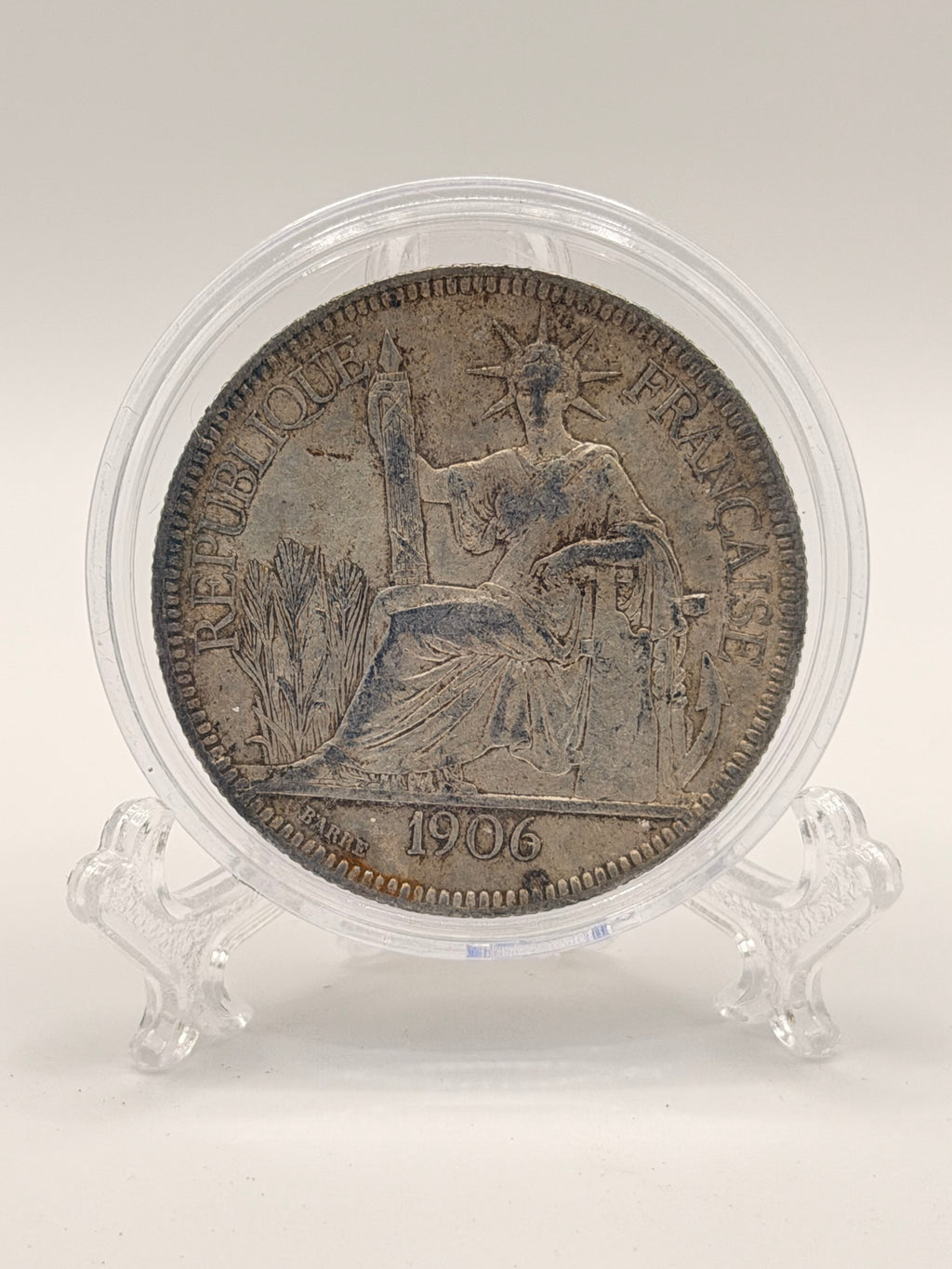 1906 French Indo China 1 Piastre Silver Coin (AU)