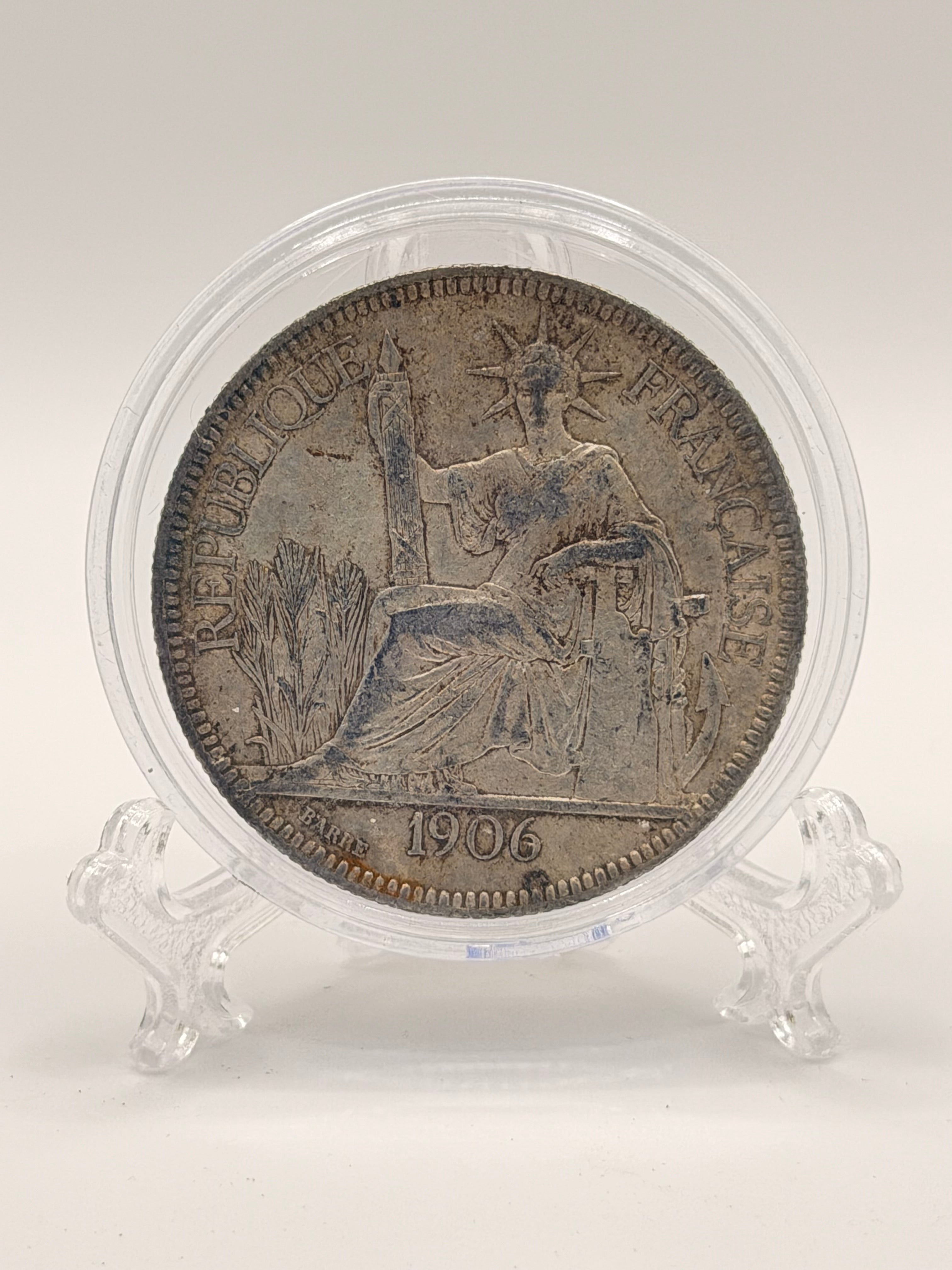 1906 French Indo China 1 Piastre Silver Coin (AU)