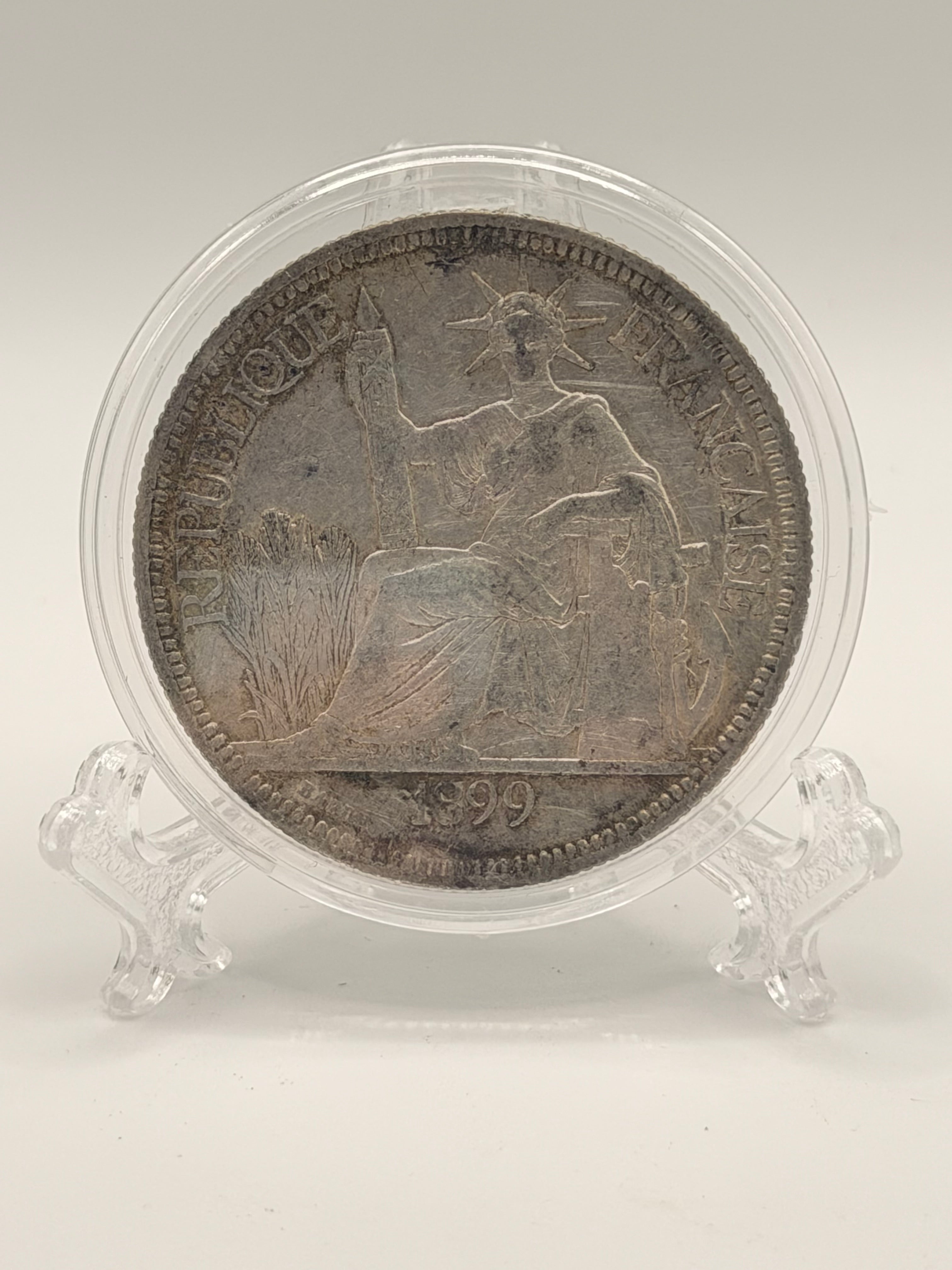1899 French Indo China 1 Piastre Silver Coin (AU)