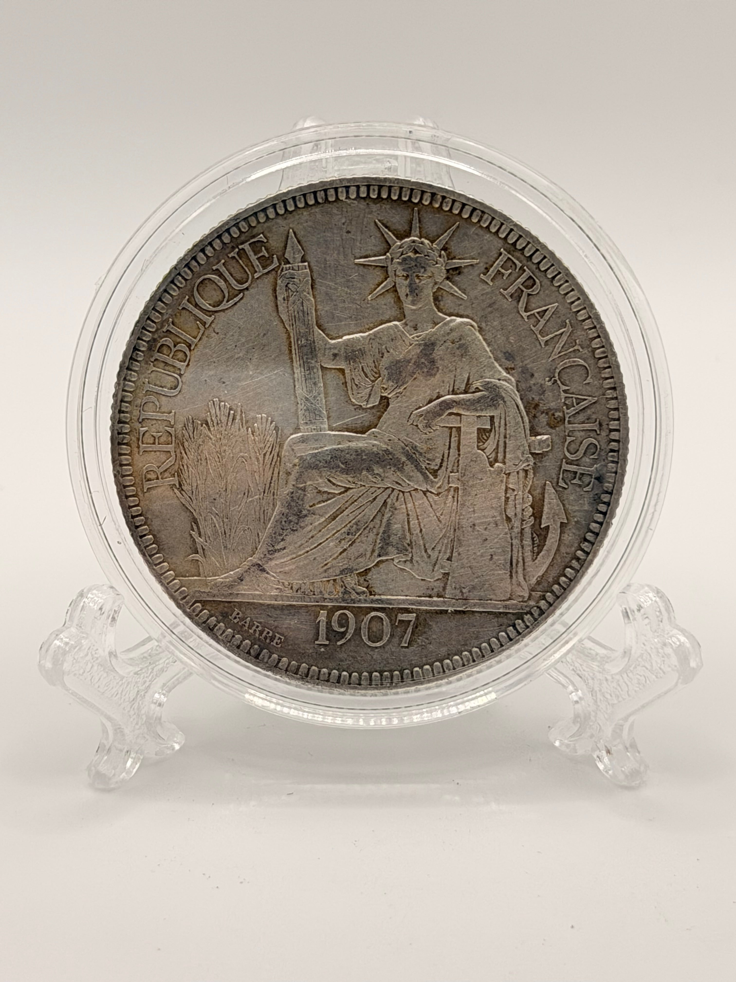 1907 French Indo China 1 Piastre Silver Coin (AU)
