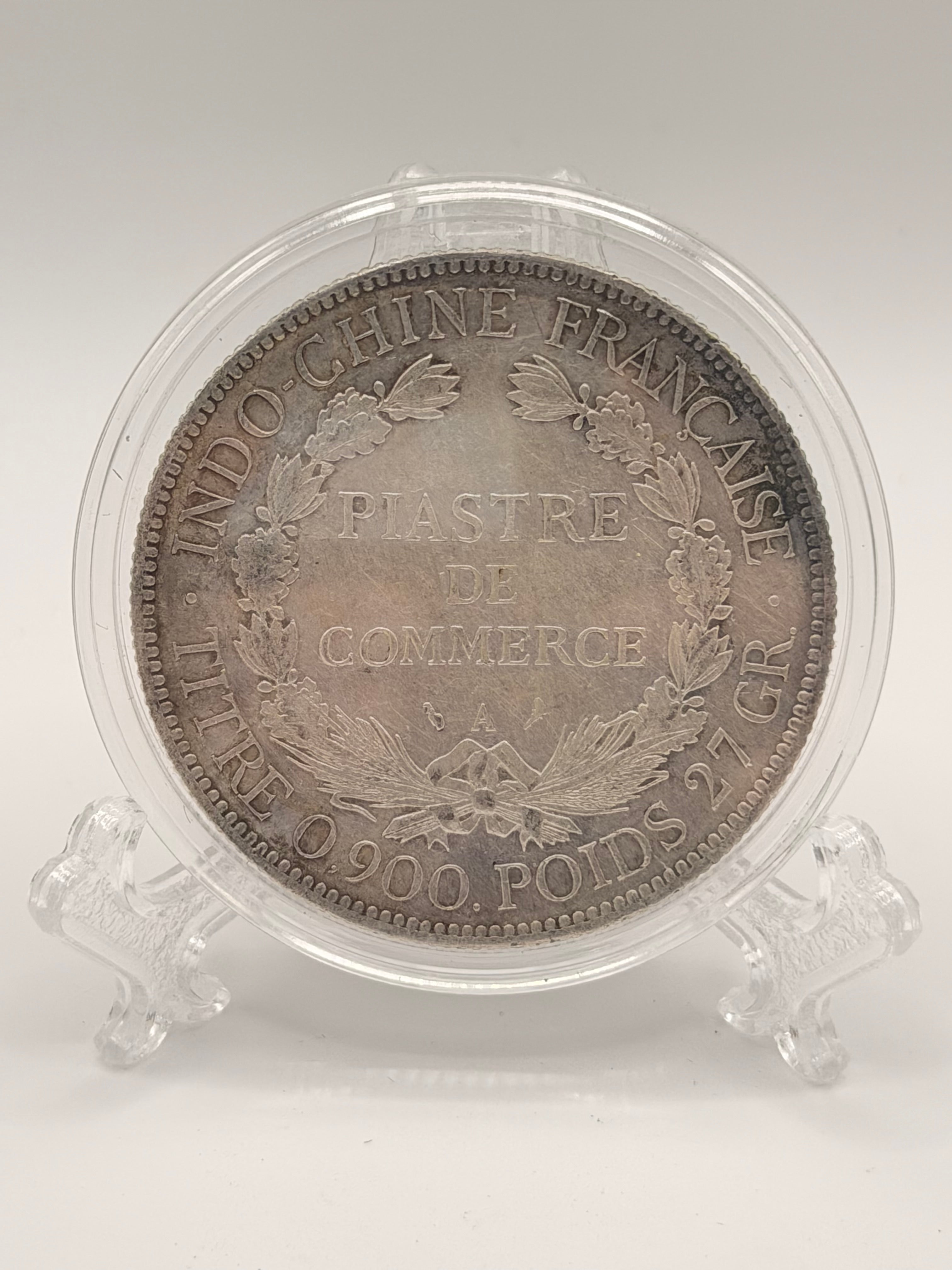 1907 French Indo China 1 Piastre Silver Coin (AU)
