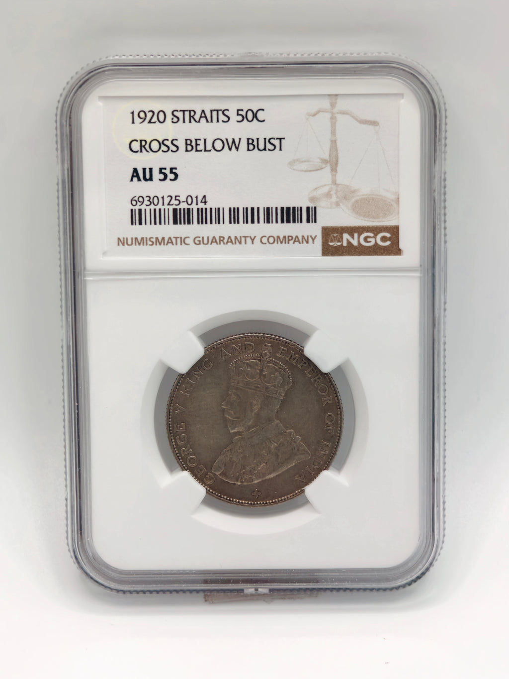 1920 - Straits 50c Cross Below Bust AU 55
