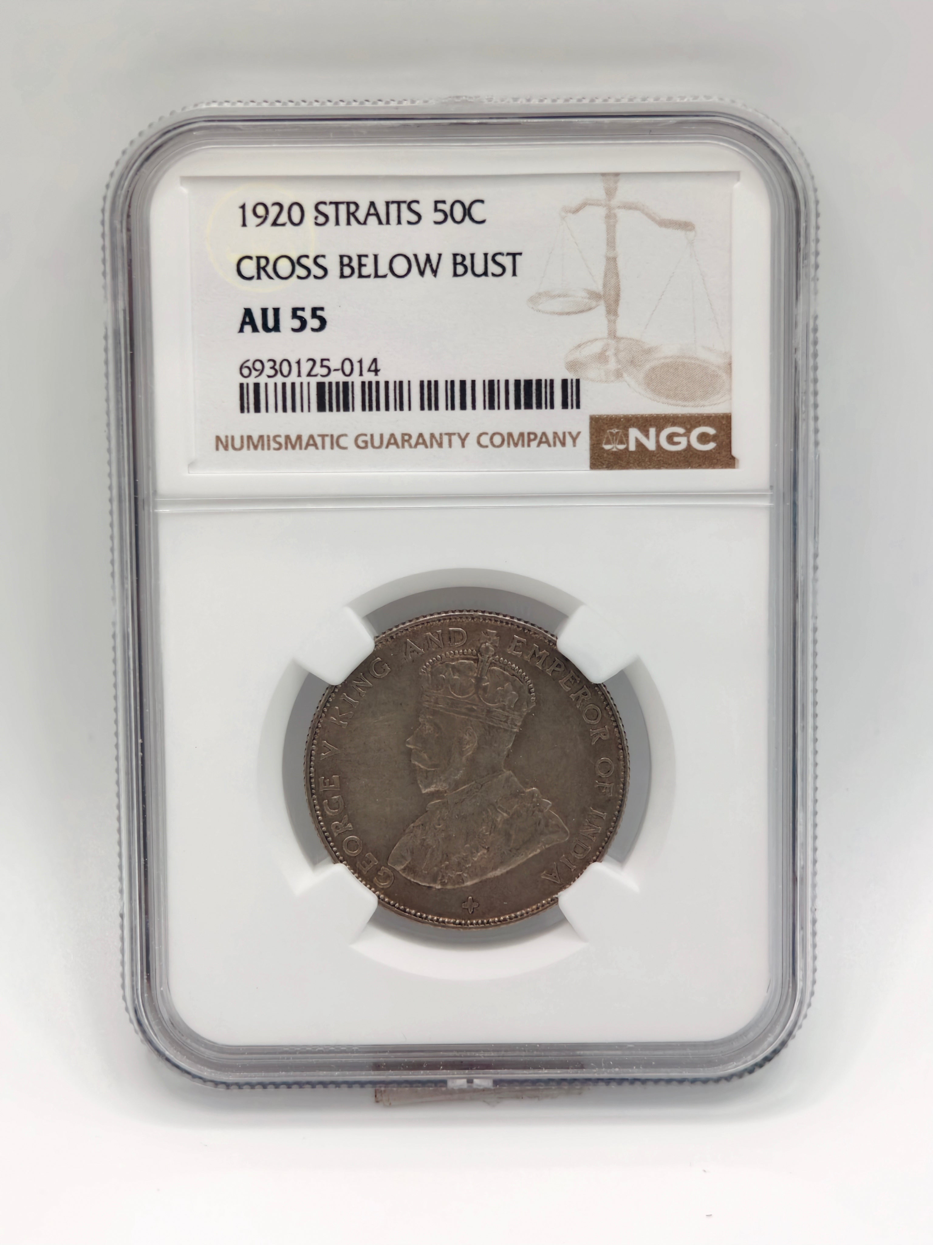 1920 - Straits 50c Cross Below Bust AU 55